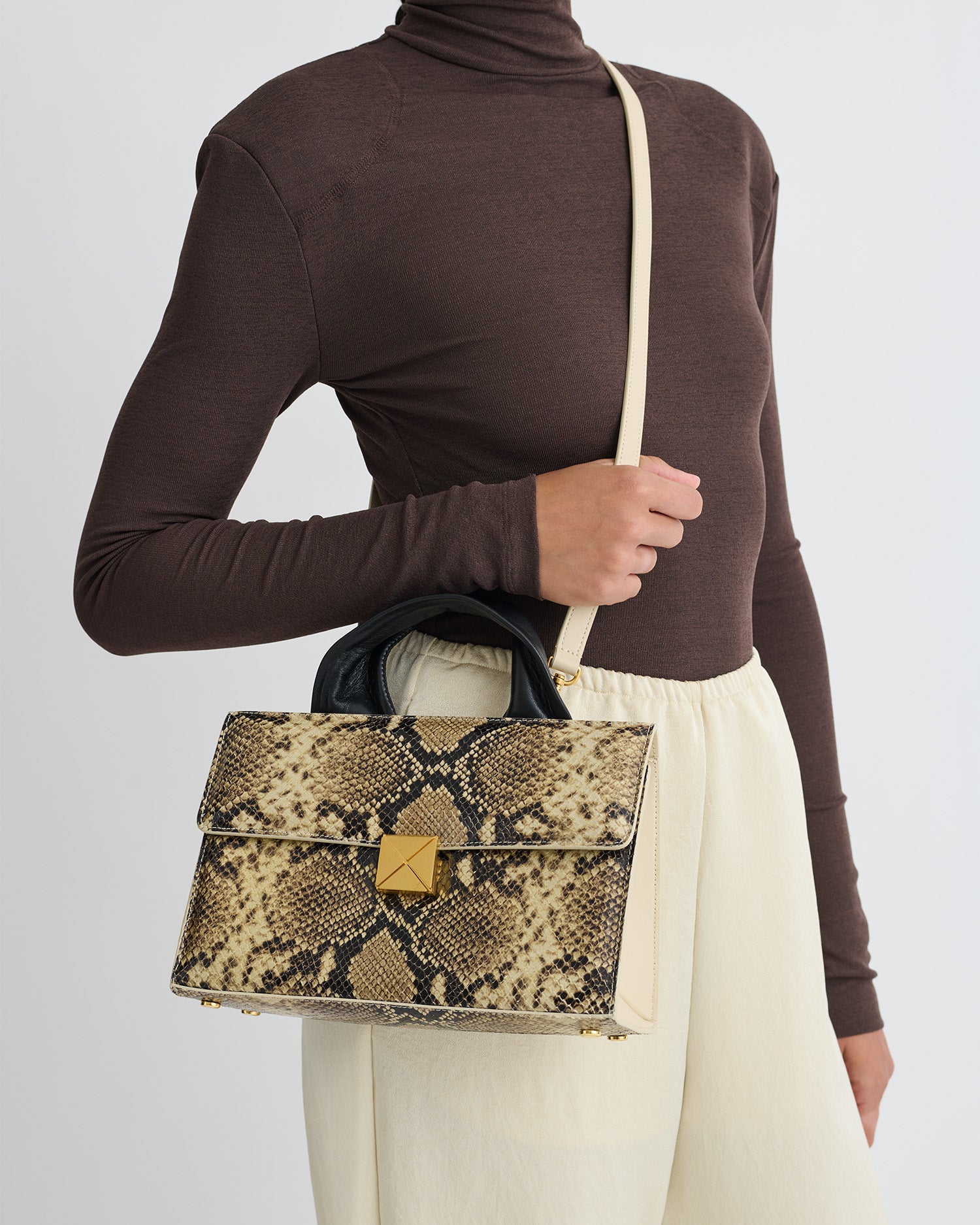 Sandi Lock - Embossed Leather Top Handle Bag - Snake