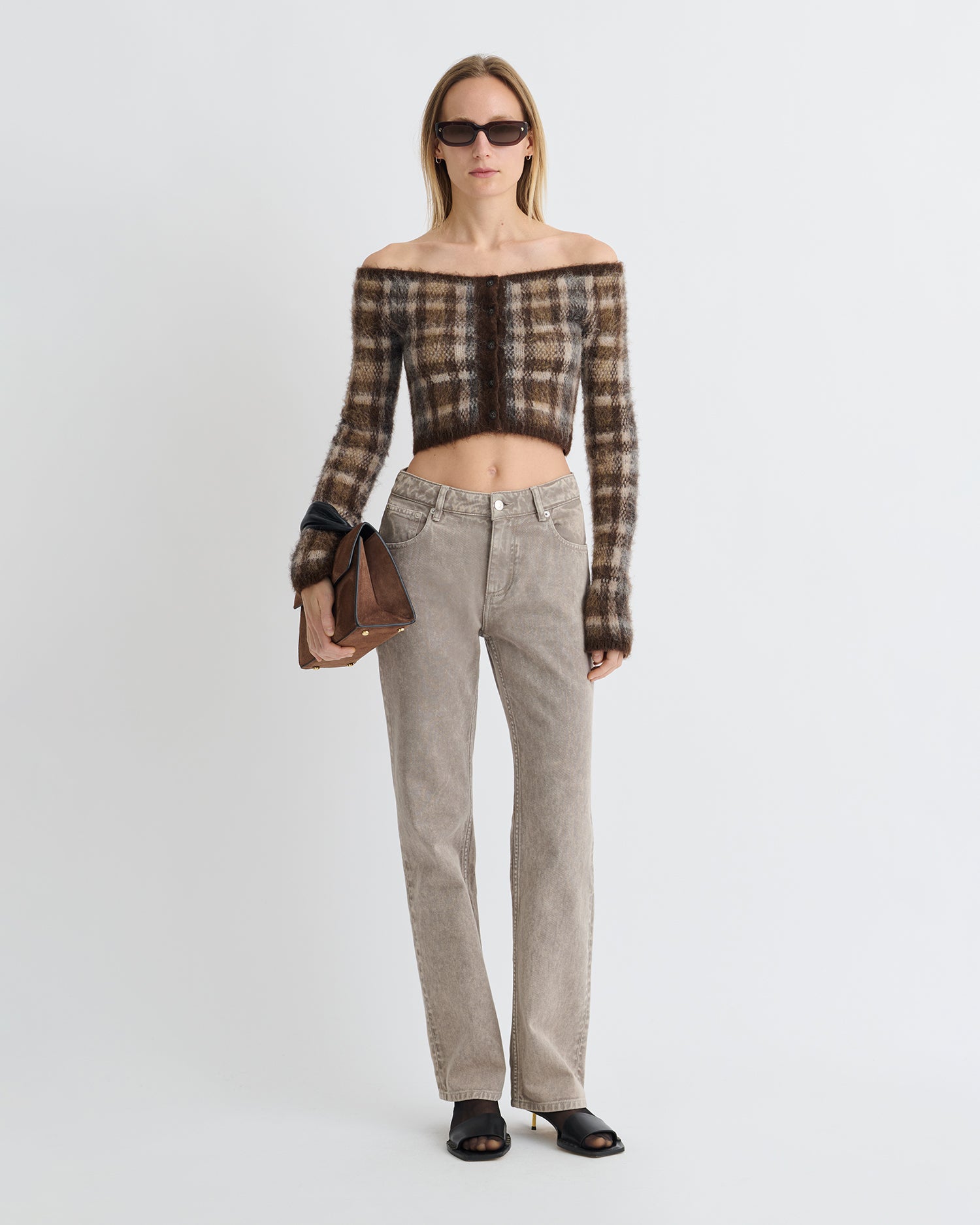 Liliah - Brushed Alpaca Cardigan - Brown/Creme Check