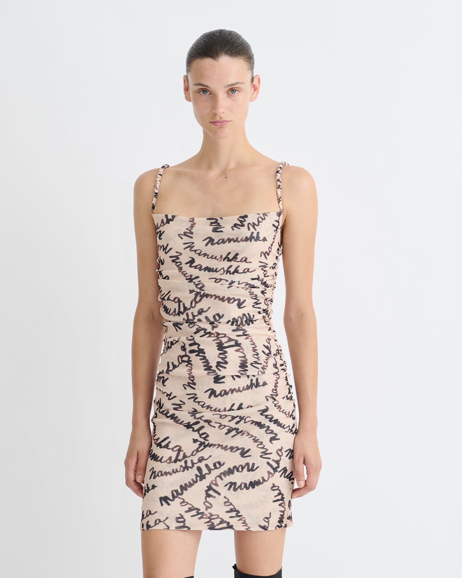 Adie - Printed Mesh-Jersey Dress - Creme Scribble Logo