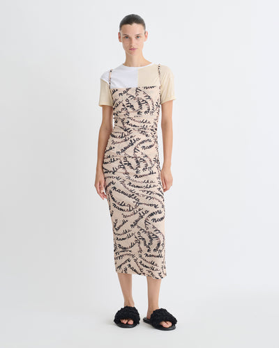 Alexa - Printed Mesh Jersey Midi Dress - Creme Scribble Logo