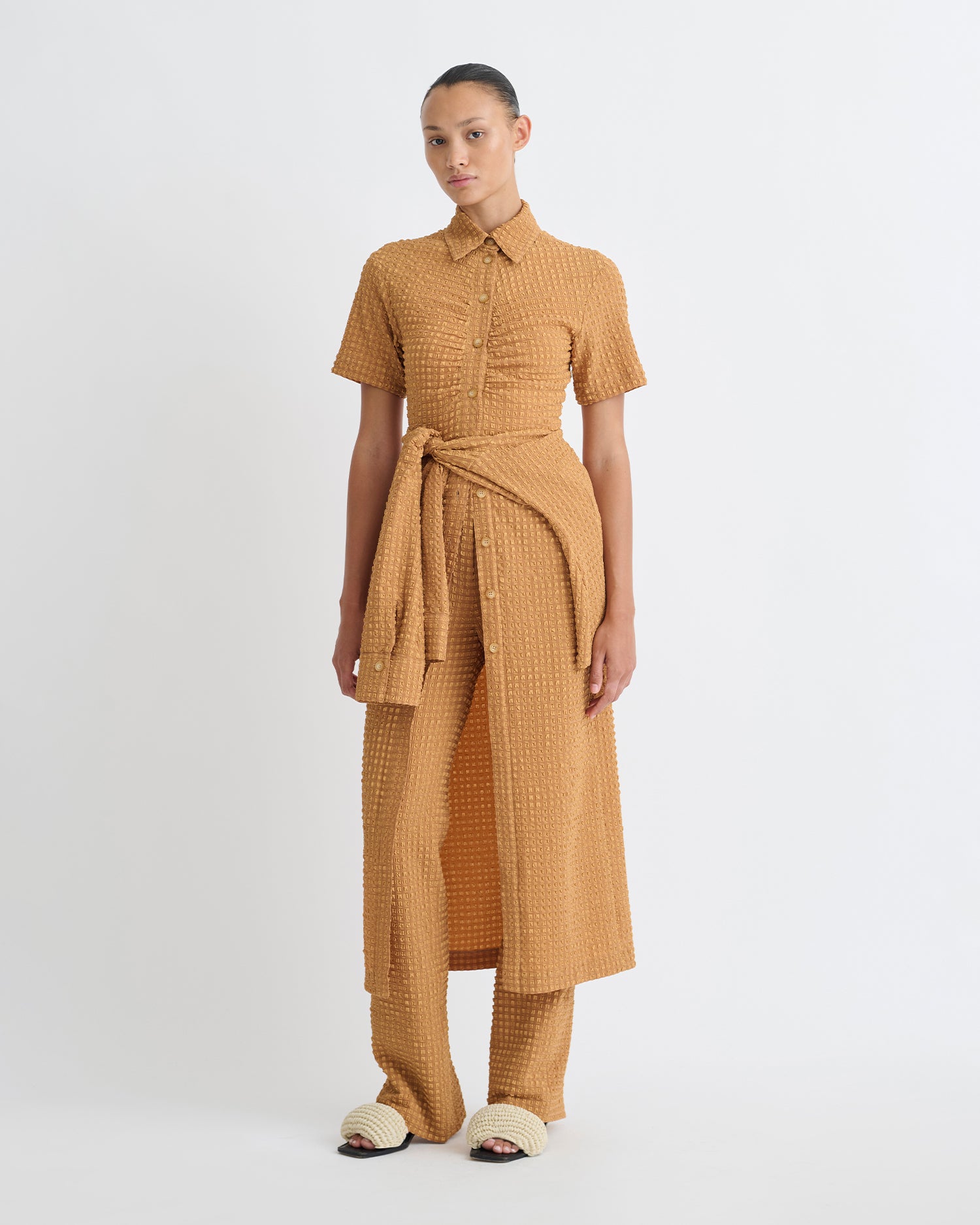 Sabri - Seersucker Shirt Dress - Camel
