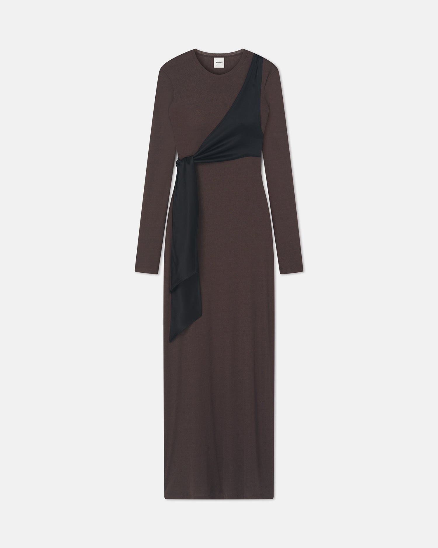 Yura - Mesh Jersey/Slip Satin Long Dress - Dark Oak/Black
