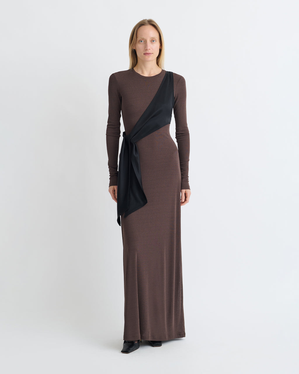 Yura - Mesh Jersey/Slip Satin Long Dress - Dark Oak/Black