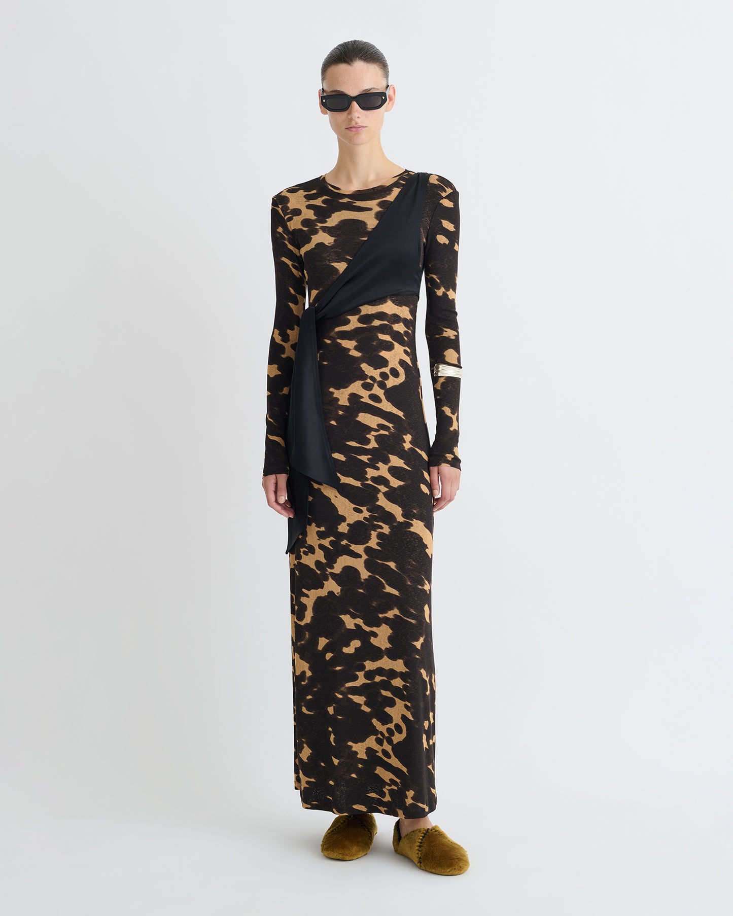 Yura - Mesh Jersey/Slip Satin Long Dress - Midnight Mocha Apricot/Black