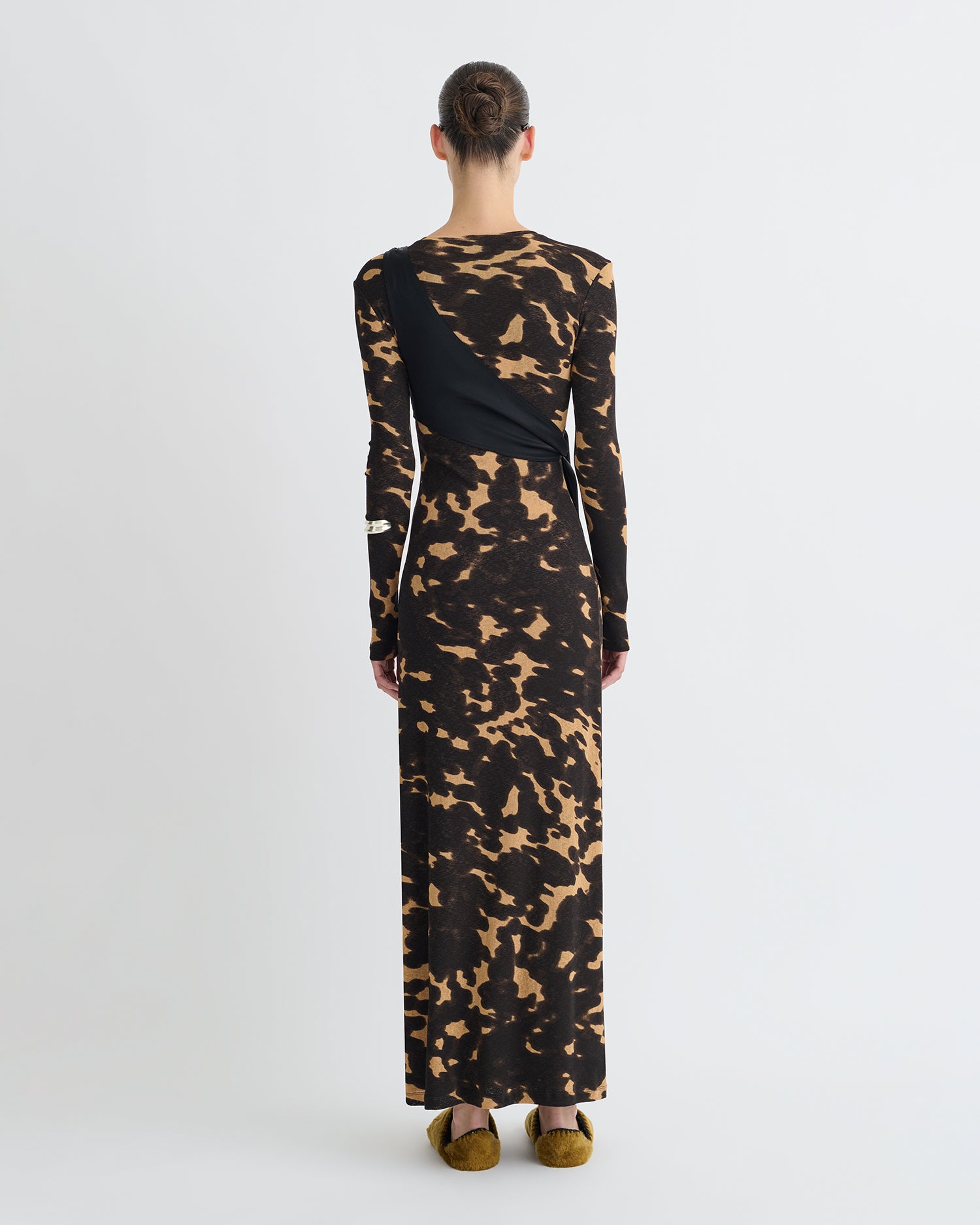 Yura - Mesh Jersey/Slip Satin Long Dress - Midnight Mocha Apricot/Black