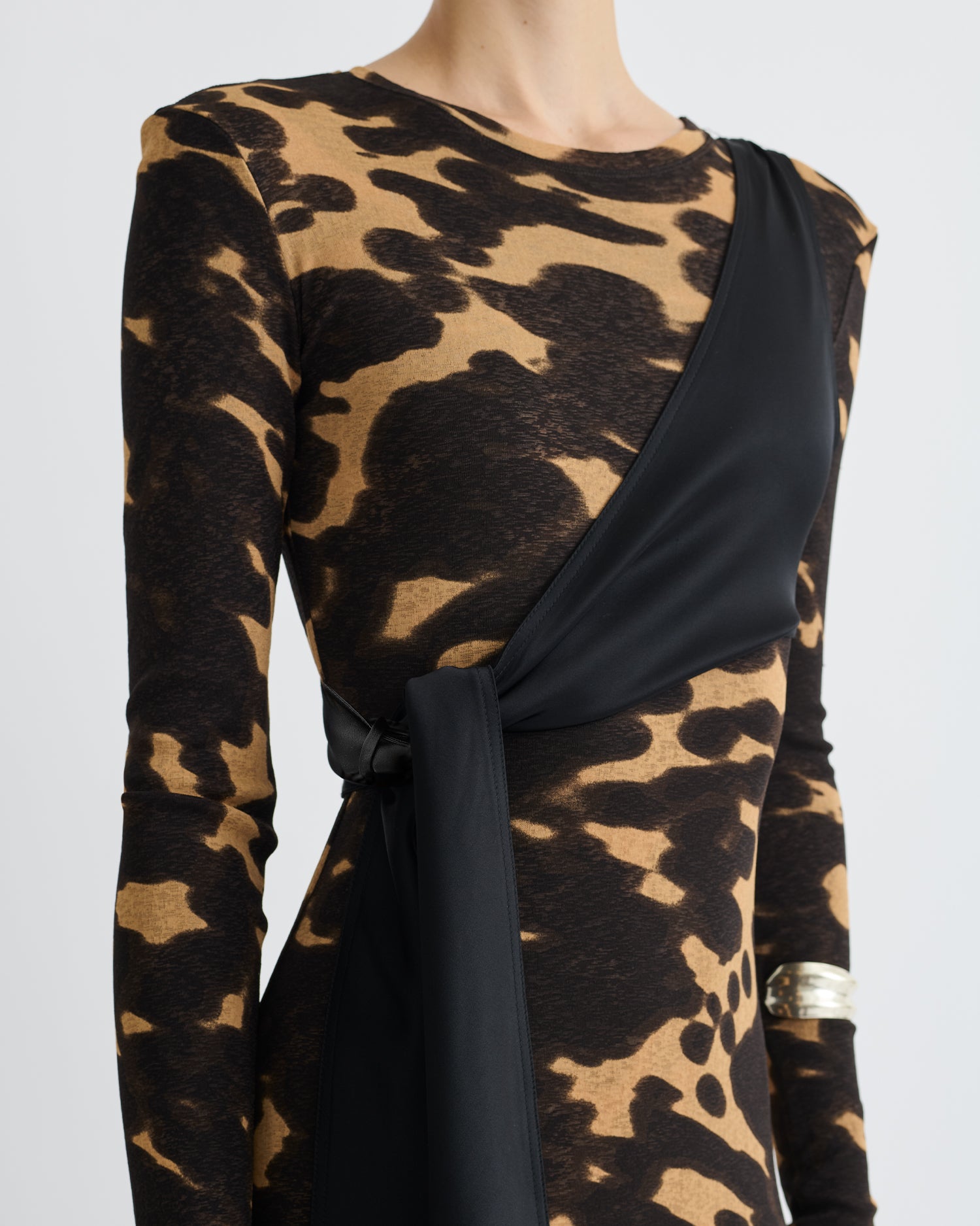 Yura - Mesh Jersey/Slip Satin Long Dress - Midnight Mocha Apricot/Black