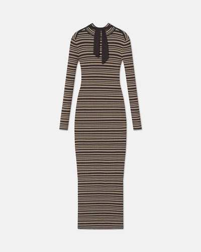 Mirell - Fine Merino Rib Long Dress - Black/Brown/Green Stripe