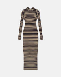 Mirell - Fine Merino Rib Long Dress - Black/Brown/Green Stripe
