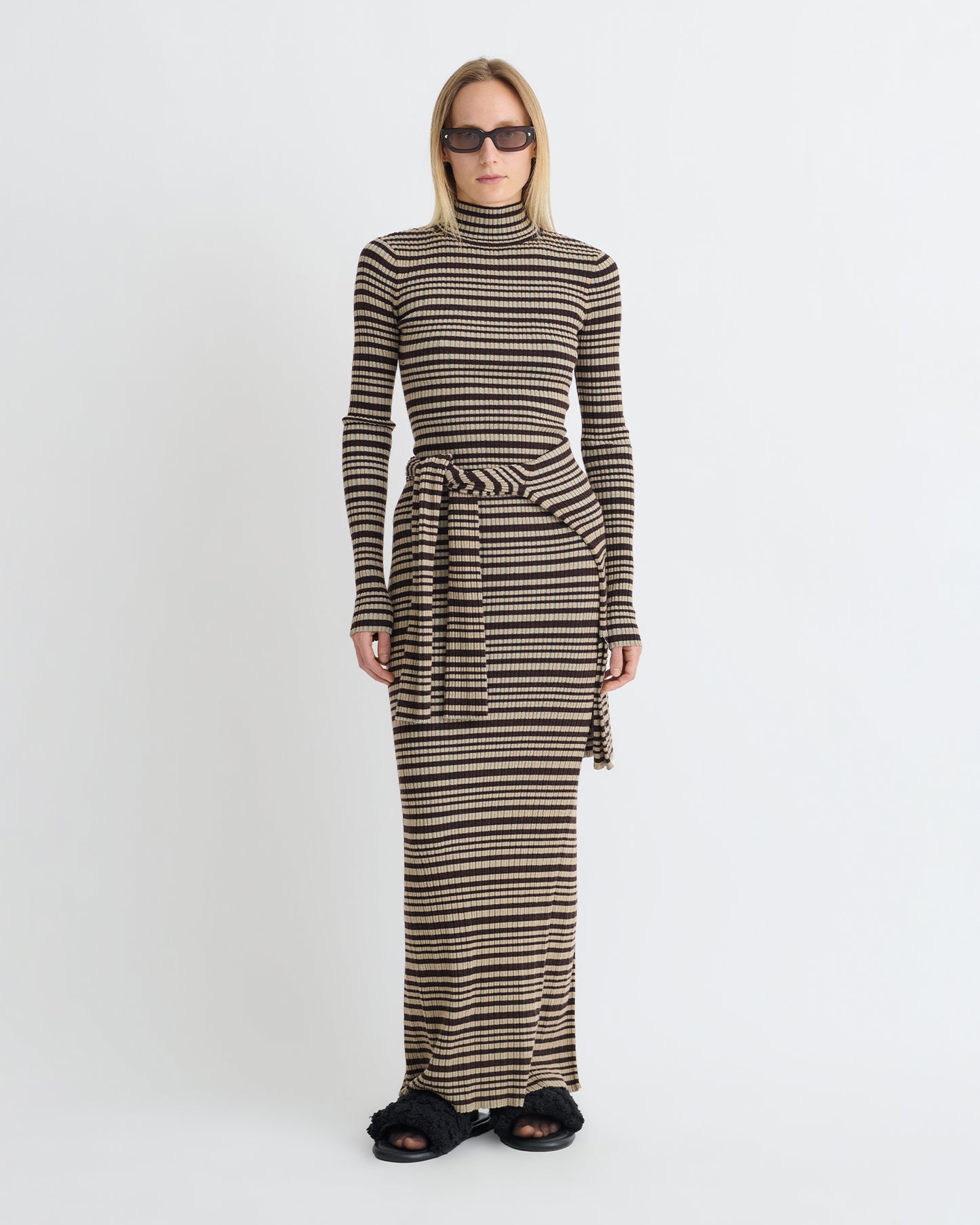 Mirell - Fine Merino Rib Long Dress - Black/Brown/Green Stripe