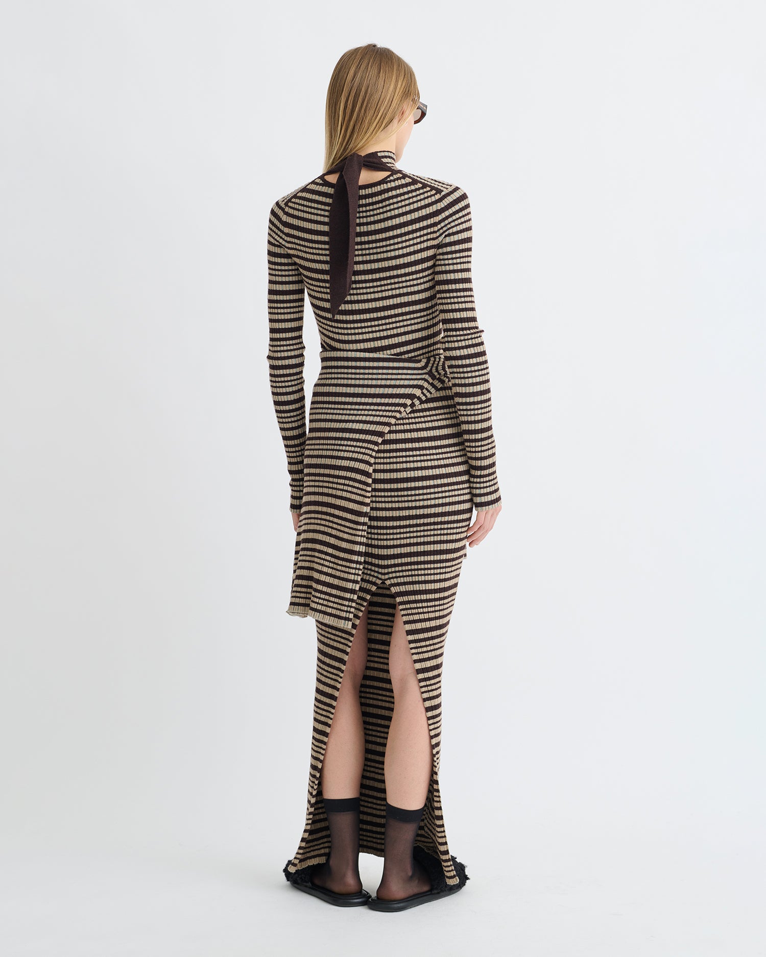 Mirell - Fine Merino Rib Long Dress - Black/Brown/Green Stripe