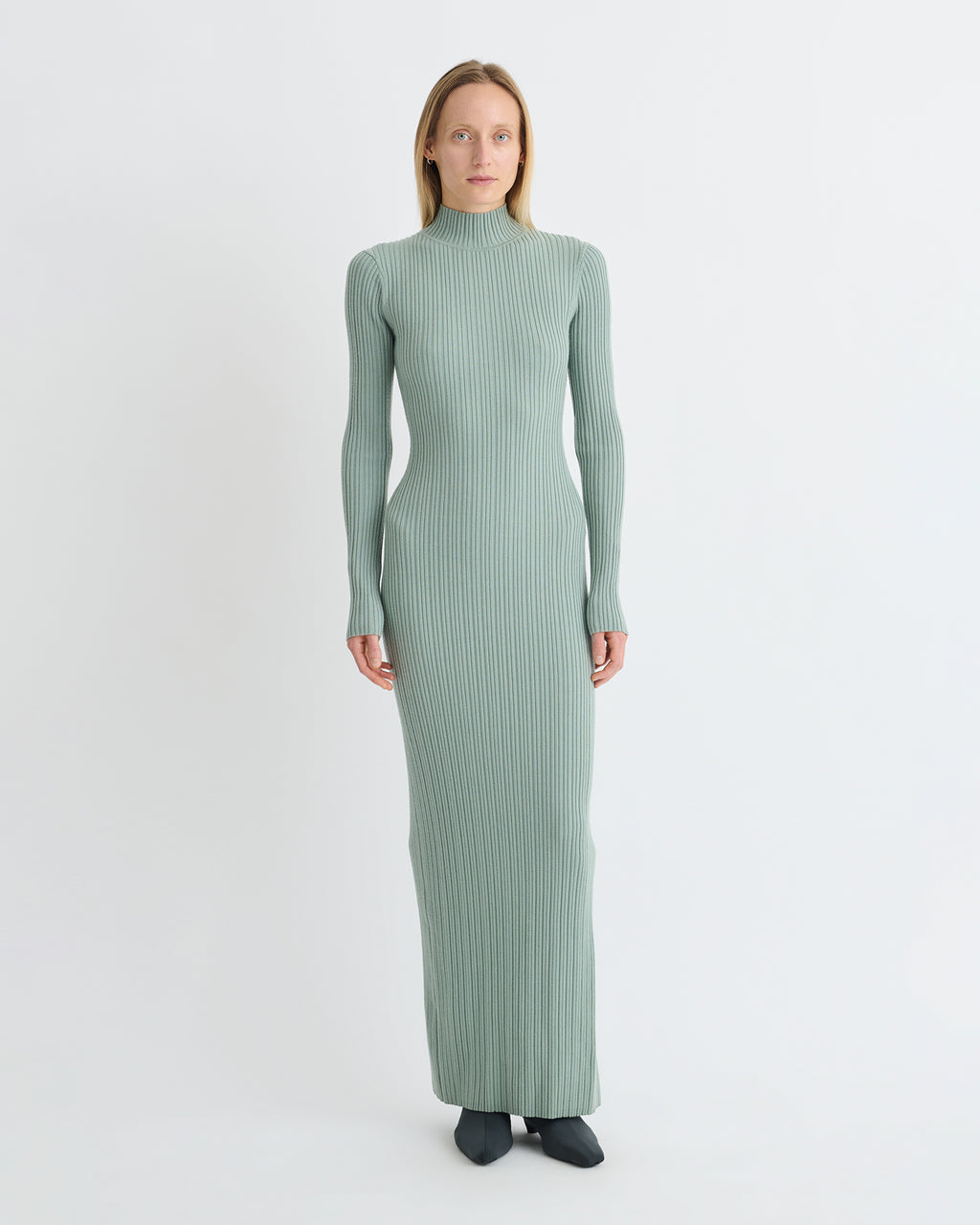 sage ribbed dress Ruffle Sleeve Ribbed Midi Dress