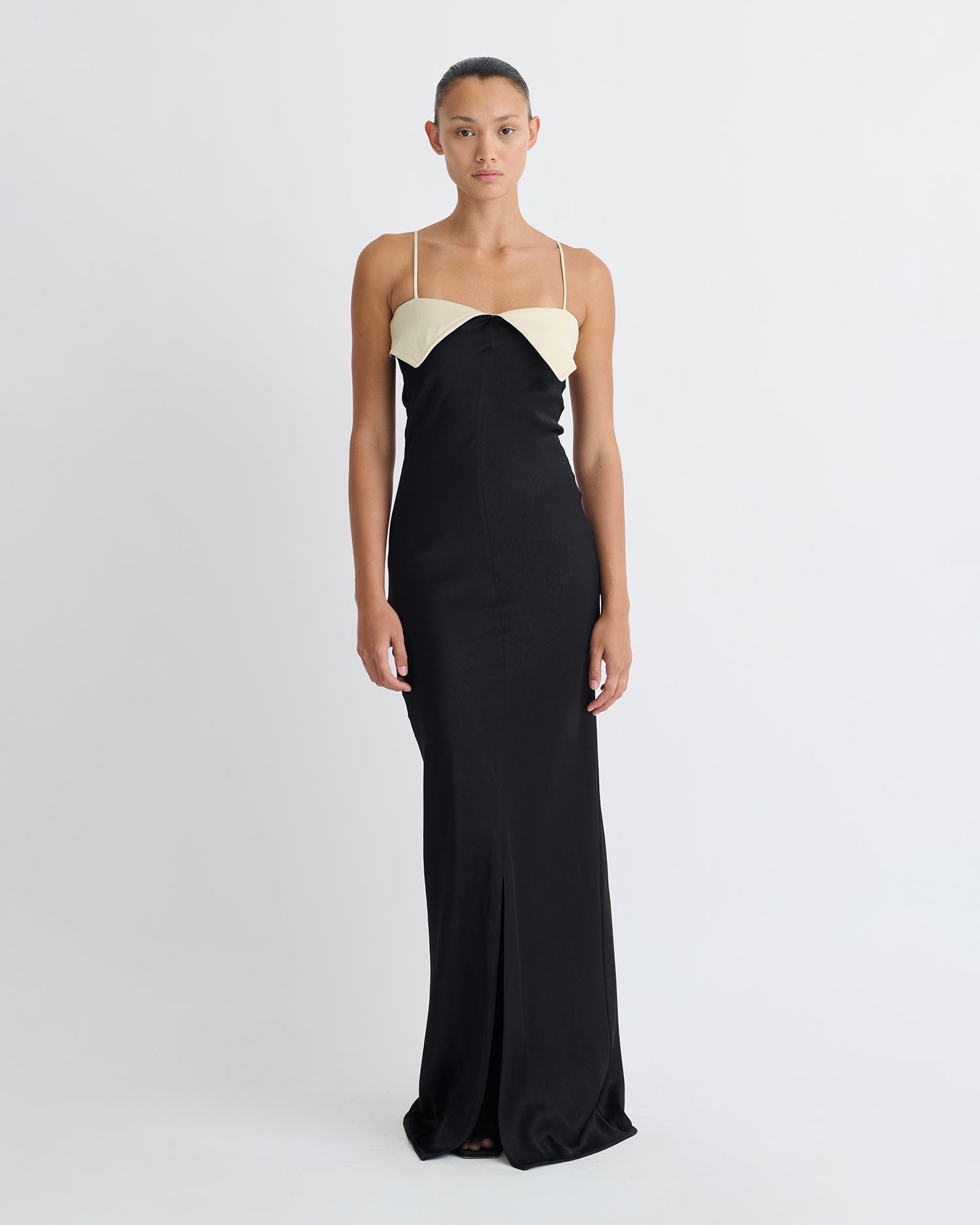 Nelma - Crisp Satin Dress - Black/Ecru
