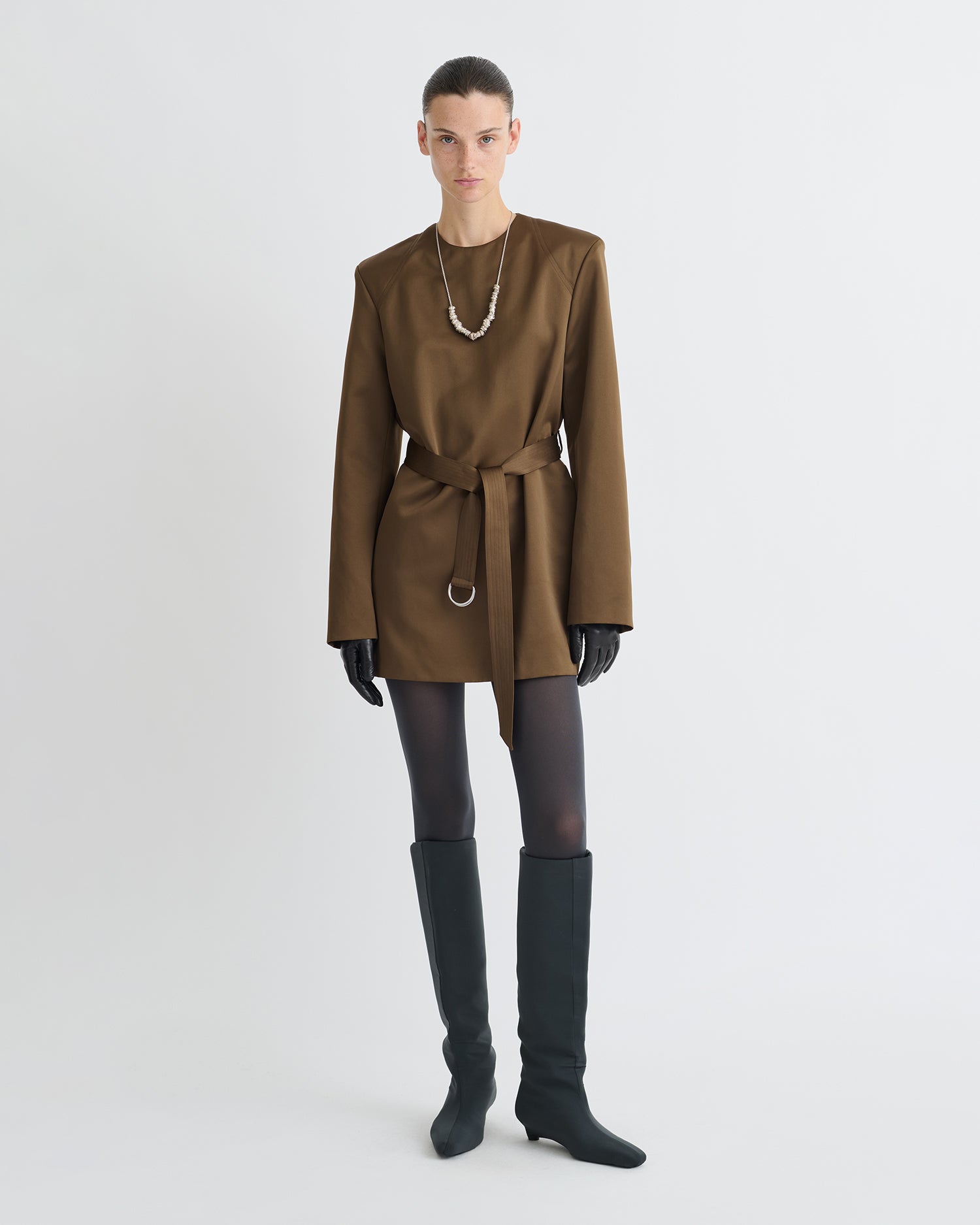 Genaya - Structured Satin Mini Dress - Wood