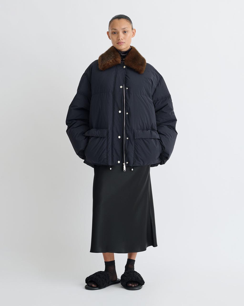 Camey - Light Nylon/Faux Fur Jacket - Black/Dark Brown