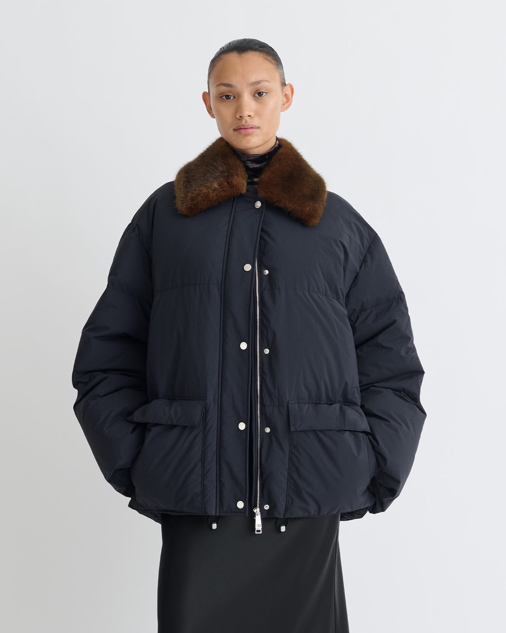 Camey - Light Nylon/Faux Fur Jacket - Black/Dark Brown