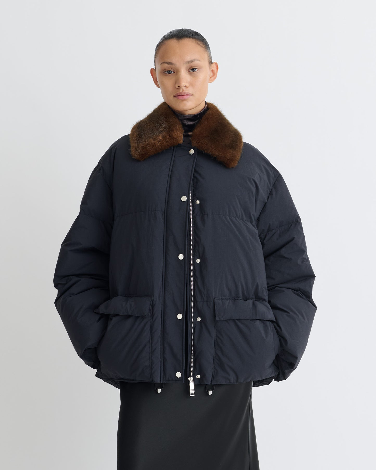Camey - Light Nylon/Faux Fur Jacket - Black/Dark Brown