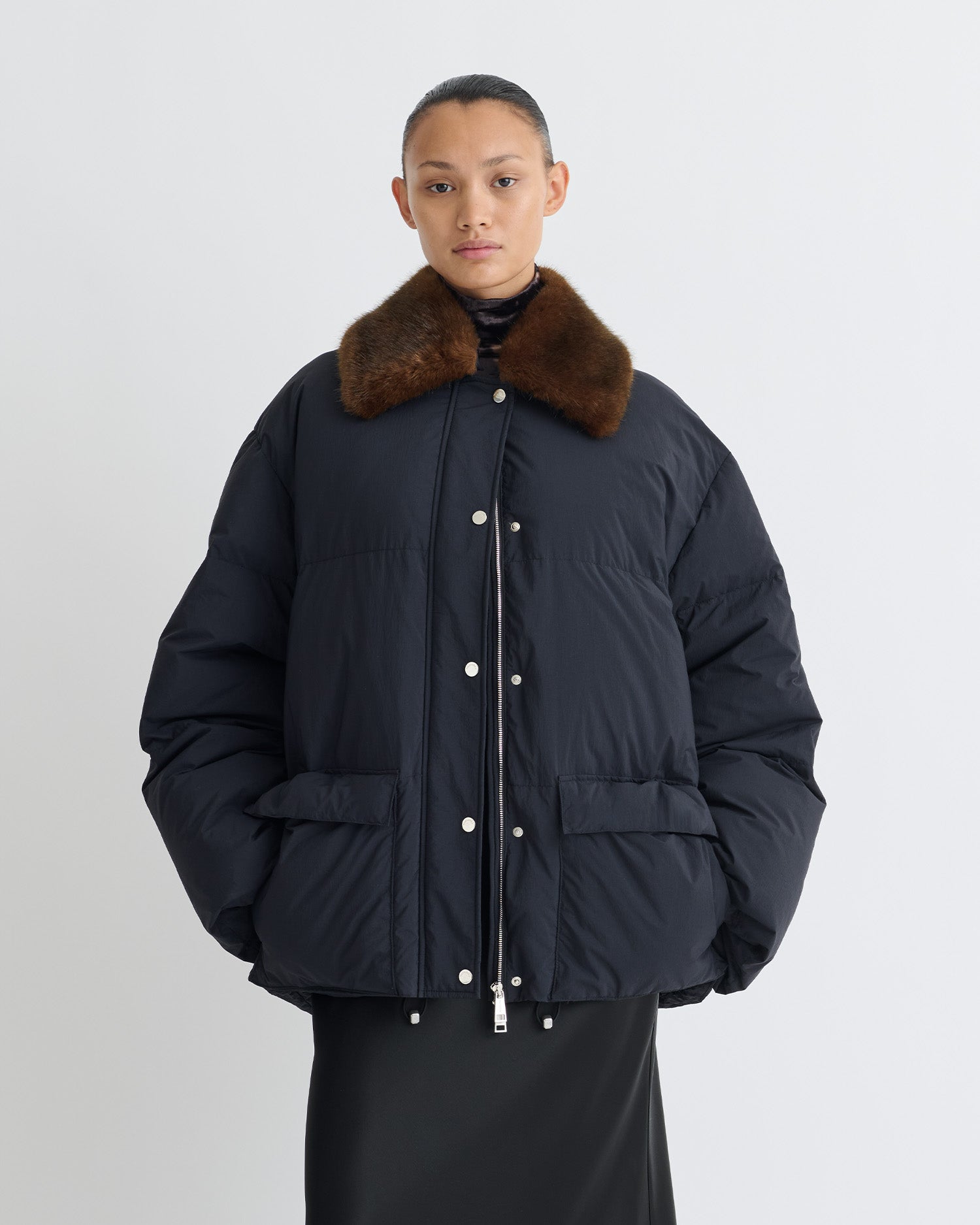 Camey - Light Nylon/Faux Fur Jacket - Black/Dark Brown
