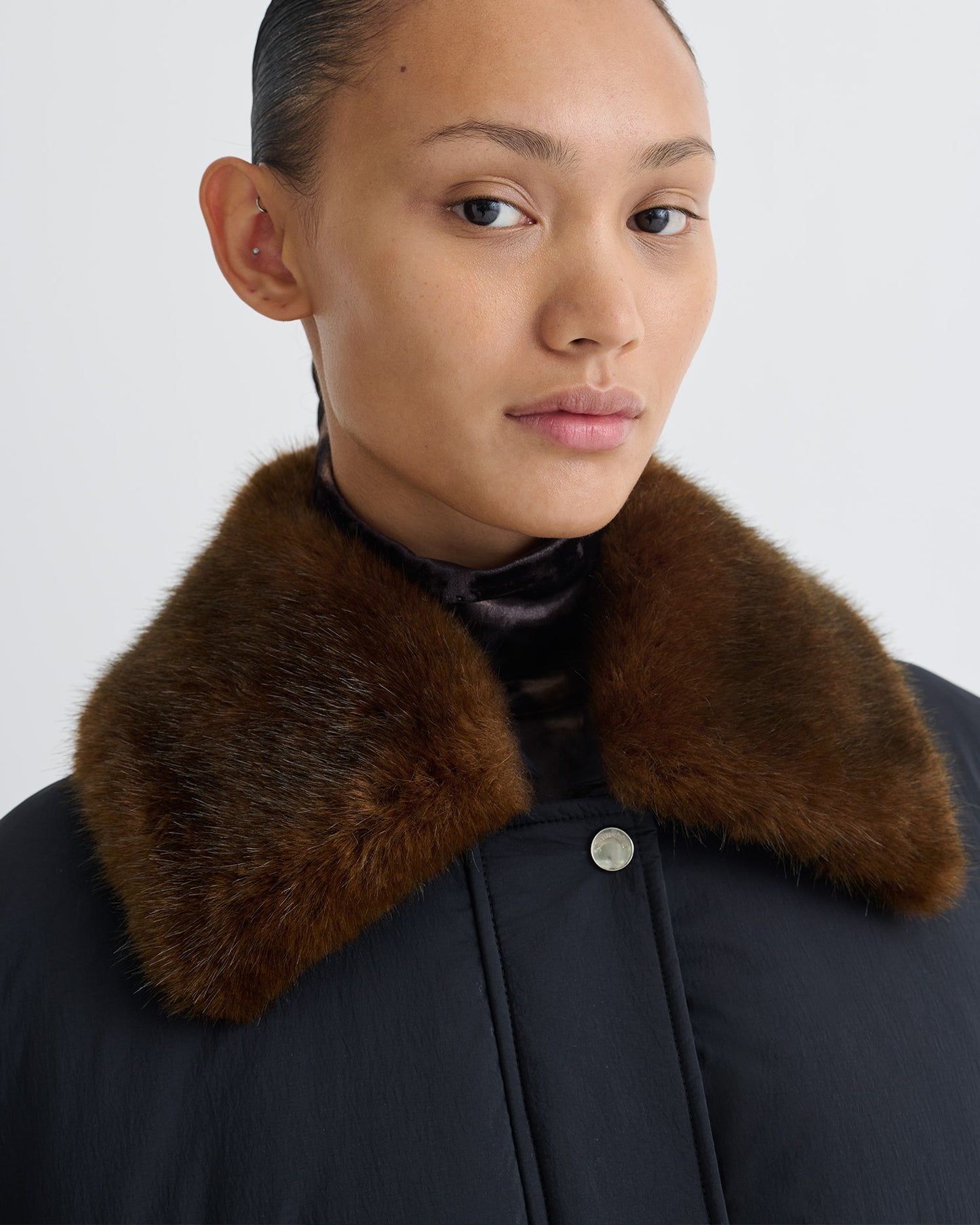 Camey - Light Nylon/Faux Fur Jacket - Black/Dark Brown
