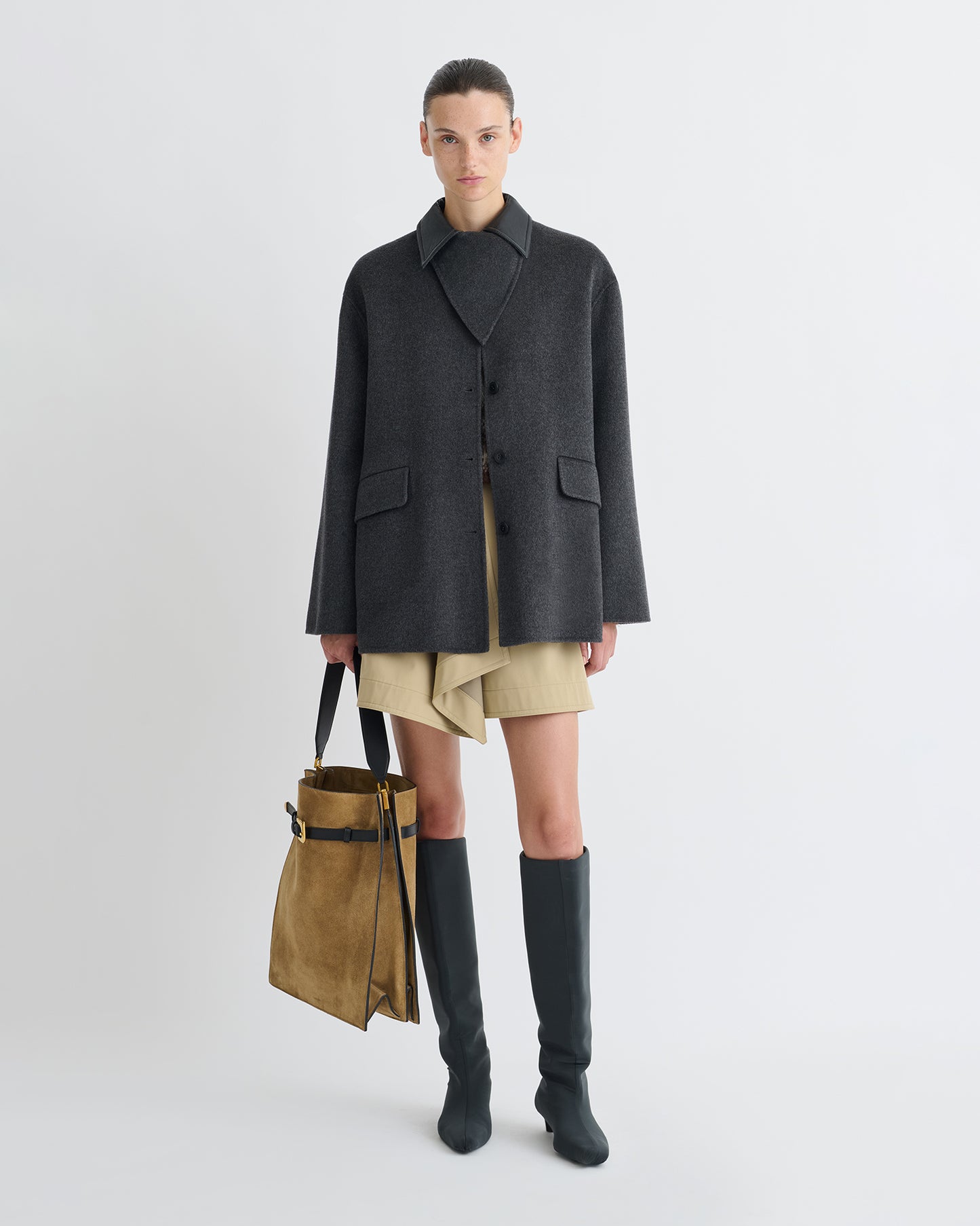 Jada - Double Wool/Regen Leather Jacket - Grey Melange/Black