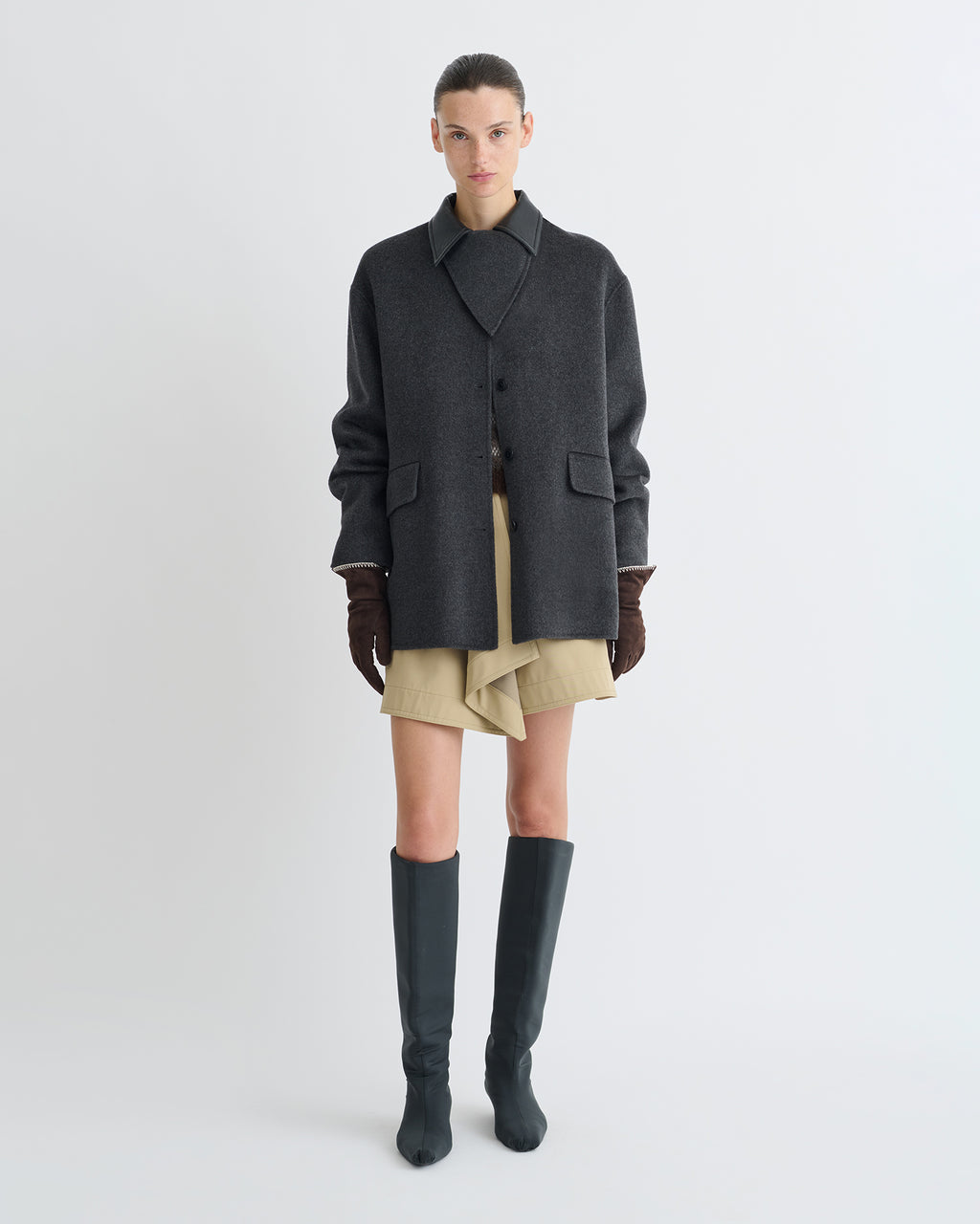 Jada - Double Wool/Regen Leather Jacket - Grey Melange/Black