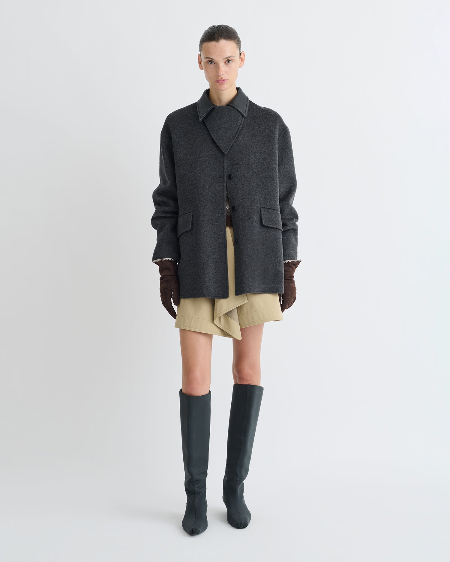 Jada - Double Wool/Regen Leather Jacket - Grey Melange/Black