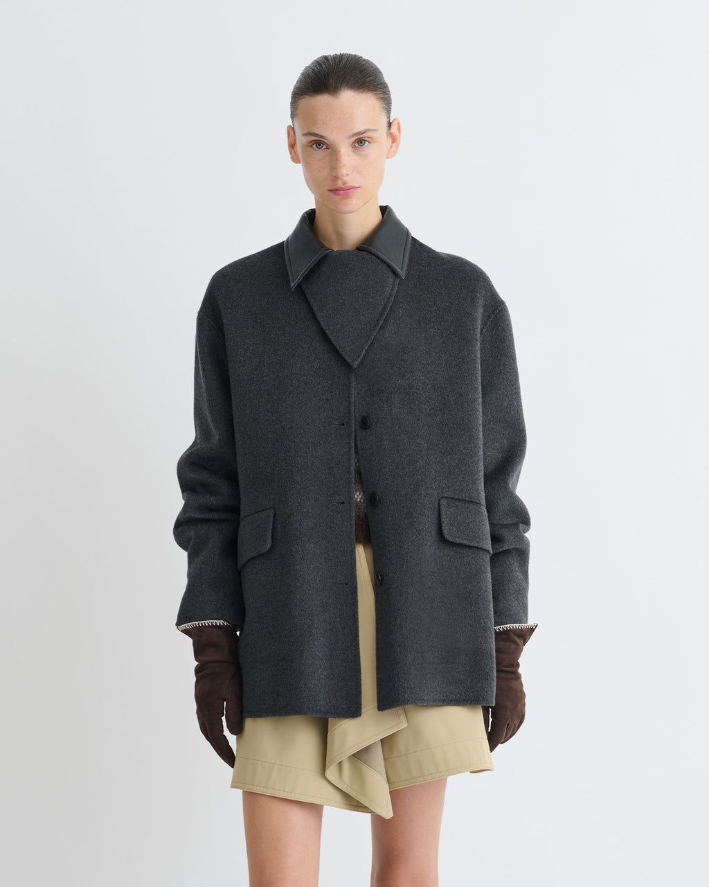 Jada - Double Wool/Regen Leather Jacket - Grey Melange/Black