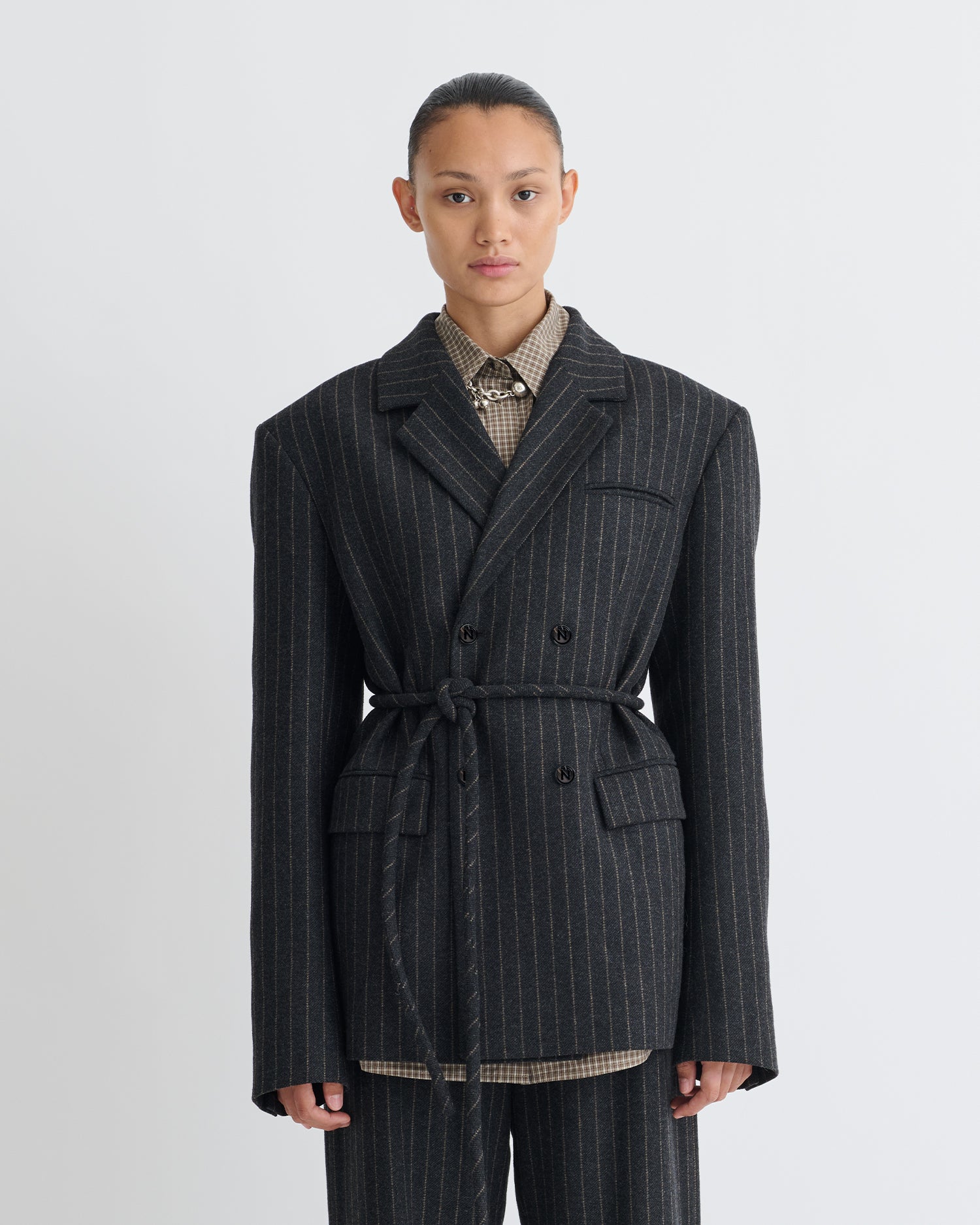 Osono - Pinstripe Wool Blazer - Black/Grey
