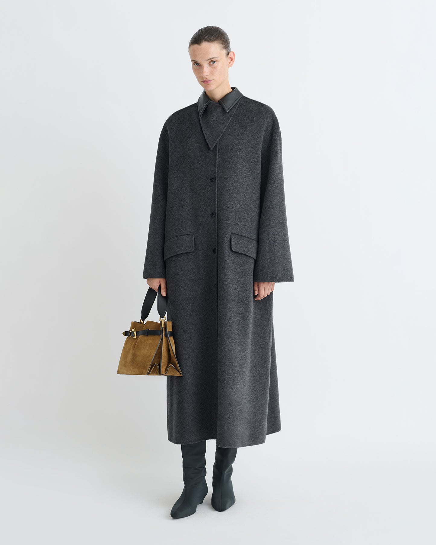 Rowina - Double Wool/Regen Leather Coat - Grey Melange/Black