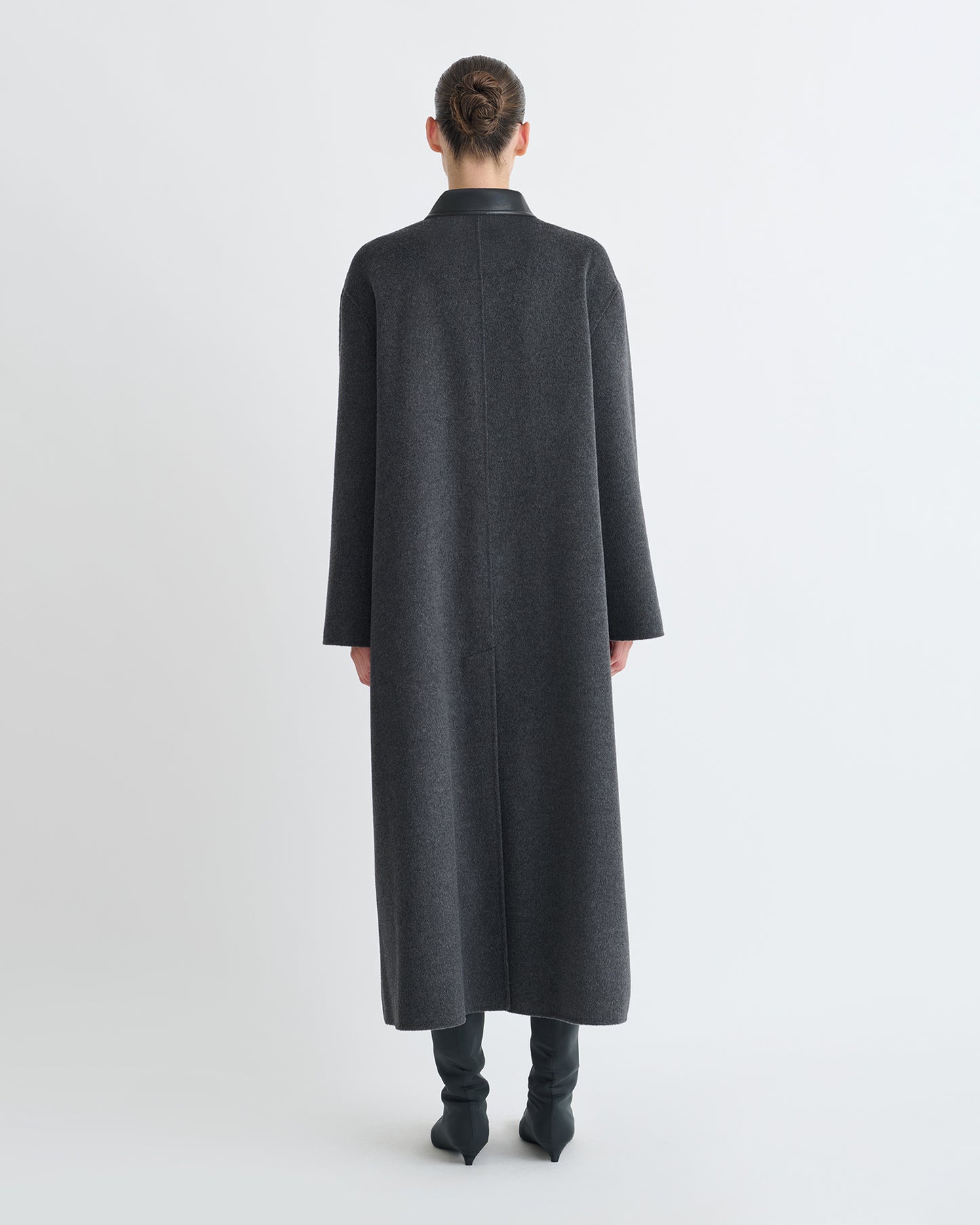 Rowina - Double Wool/Regen Leather Coat - Grey Melange/Black