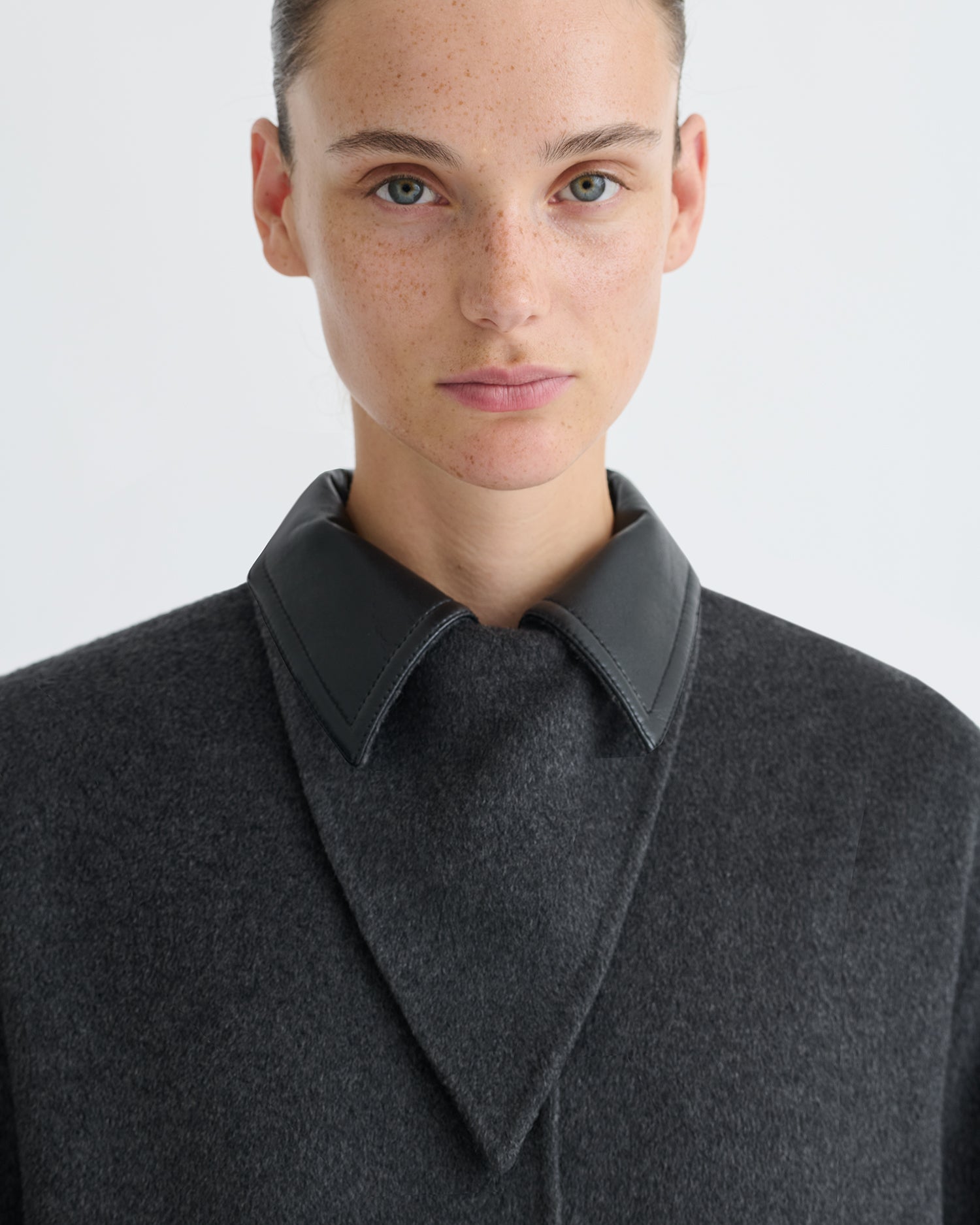 Rowina - Double Wool/Regen Leather Coat - Grey Melange/Black