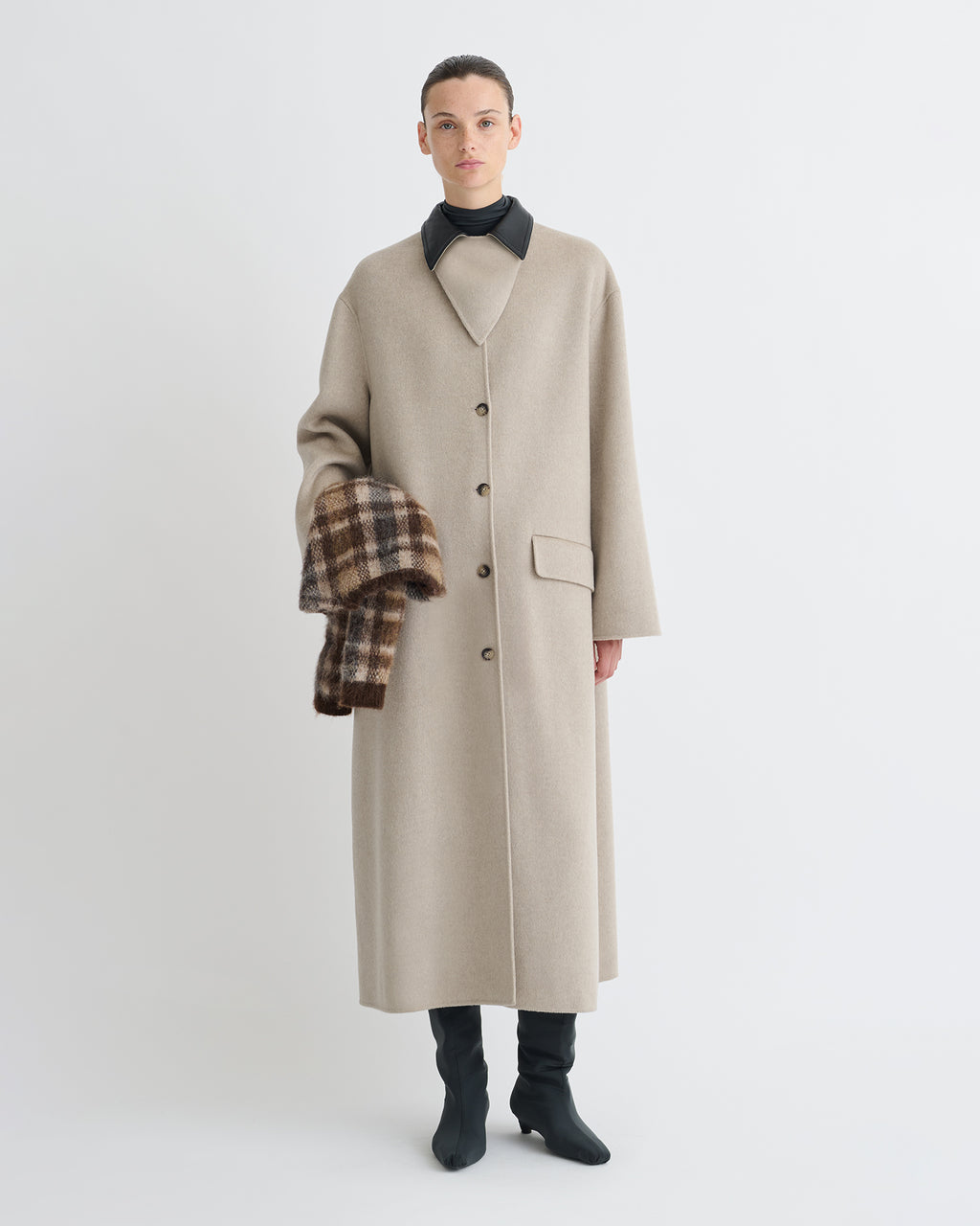 Rowina - Double Wool/Regen Leather Coat - Stone/Black