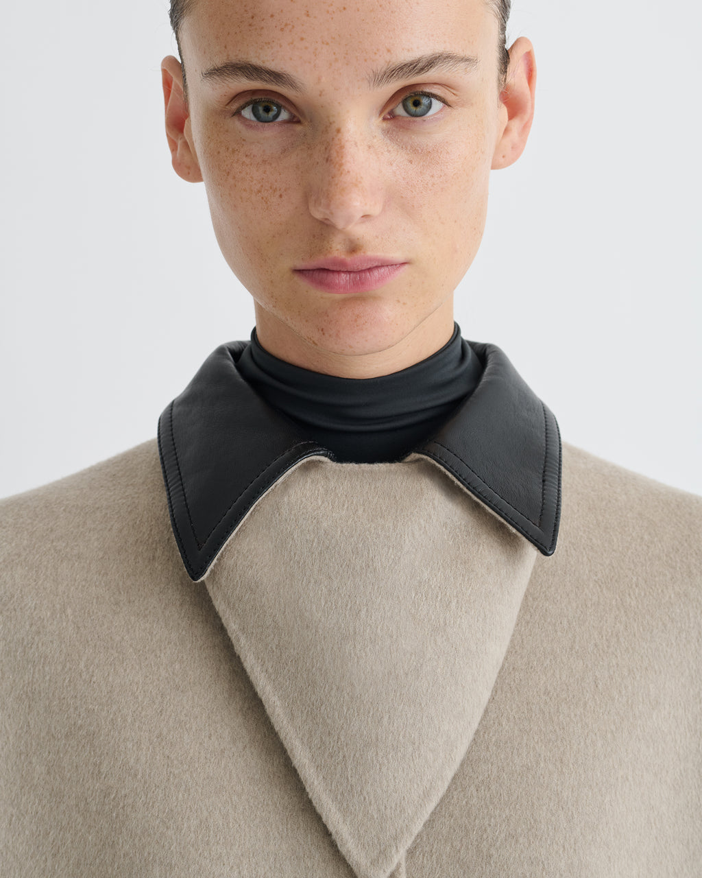 Rowina - Double Wool/Regen Leather Coat - Stone/Black