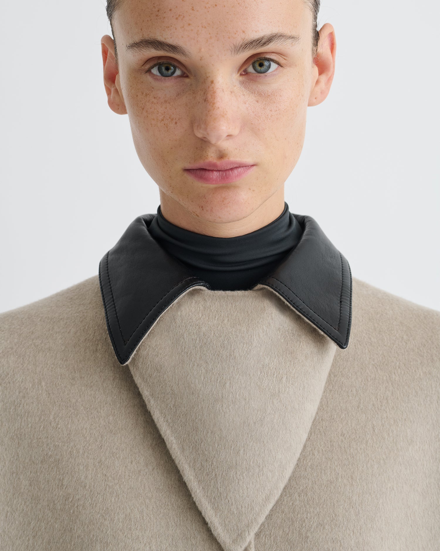 Rowina - Double Wool/Regen Leather Coat - Stone/Black