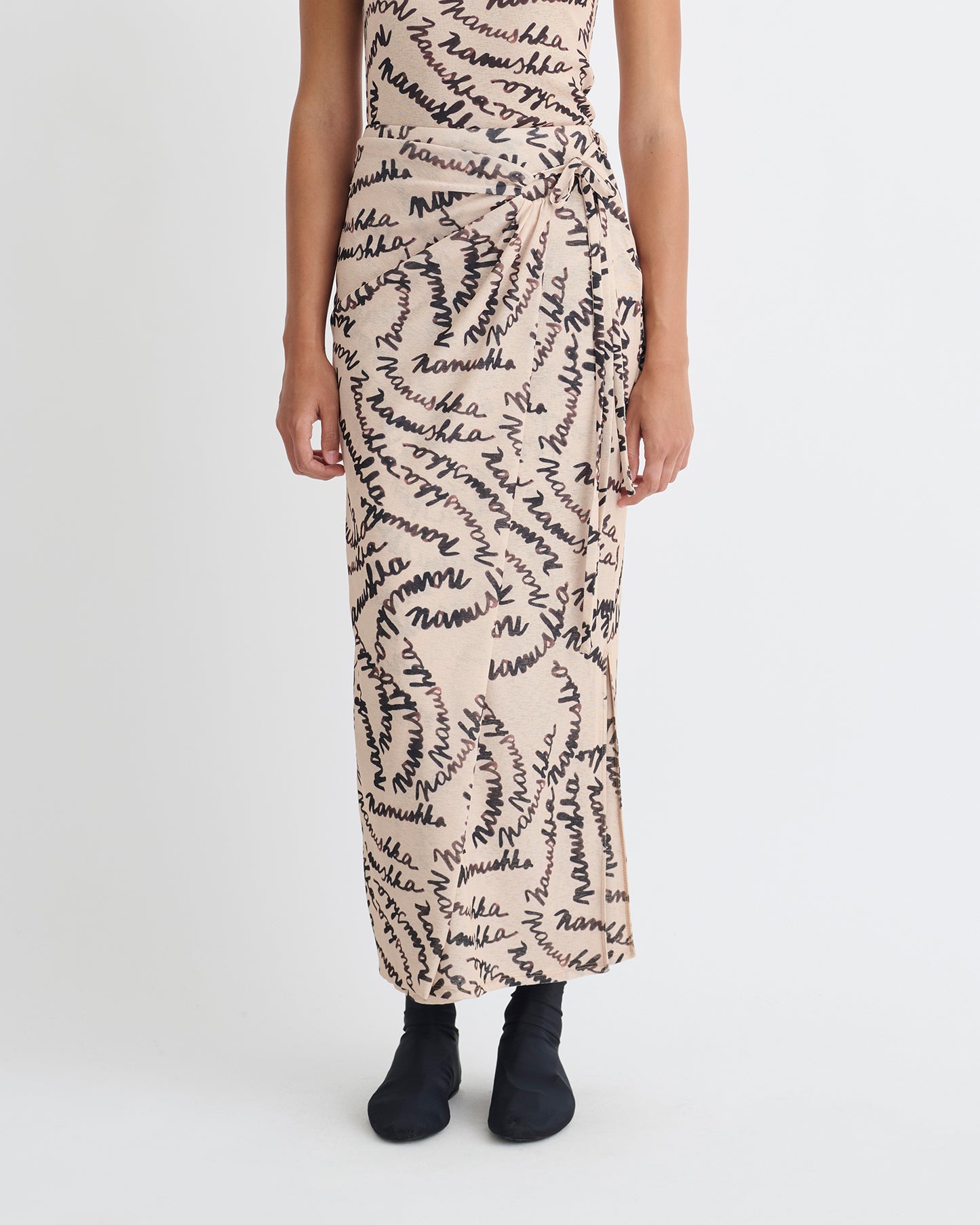Inaya - Printed Mesh-Jersey Midi Skirt - Crème Scribble Logo