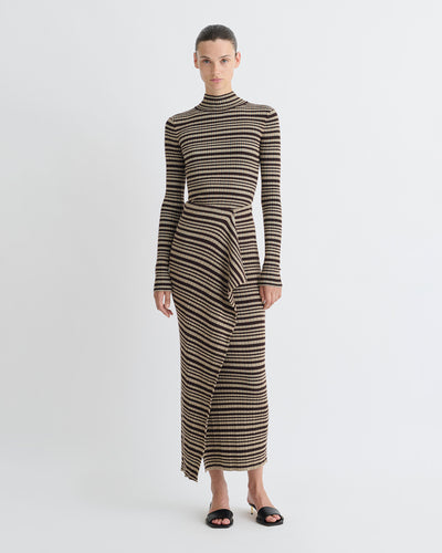 Nitsa - Fine Merino Rib Mid-Length Skirt - Black/Brown/Green Stripe