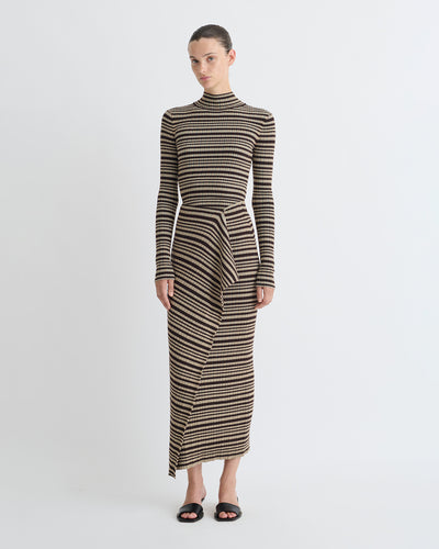 Nitsa - Fine Merino Rib Mid-Length Skirt - Black/Brown/Green Stripe