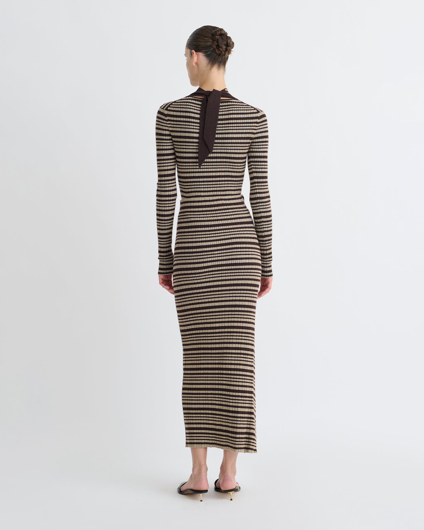 Nitsa - Fine Merino Rib Mid-Length Skirt - Black/Brown/Green Stripe