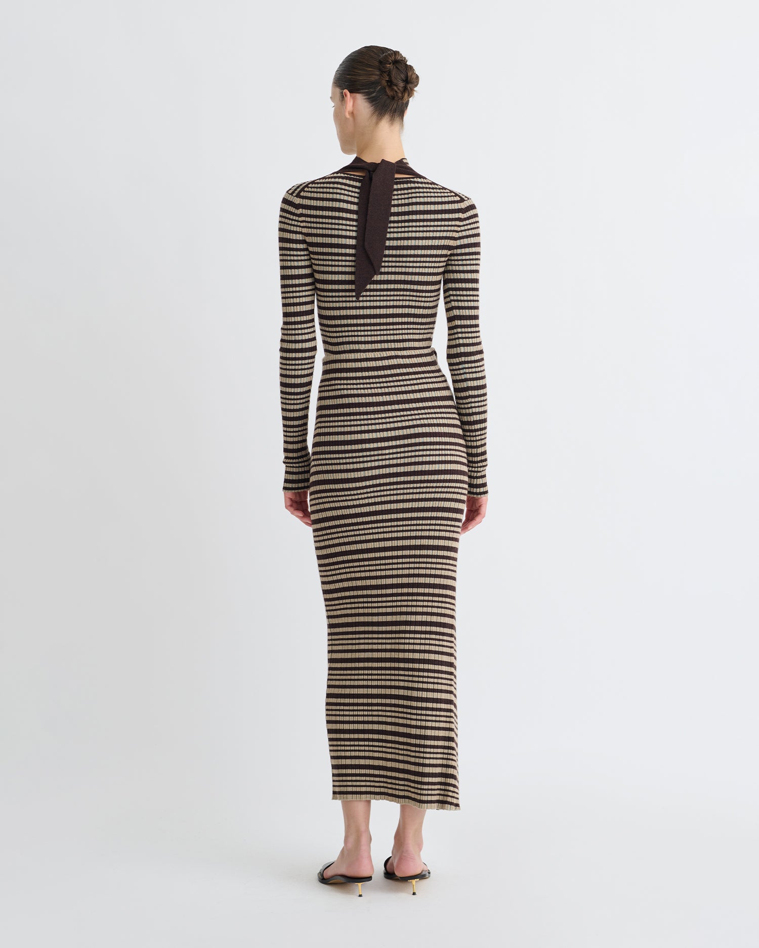 Nitsa - Fine Merino Rib Mid-Length Skirt - Black/Brown/Green Stripe