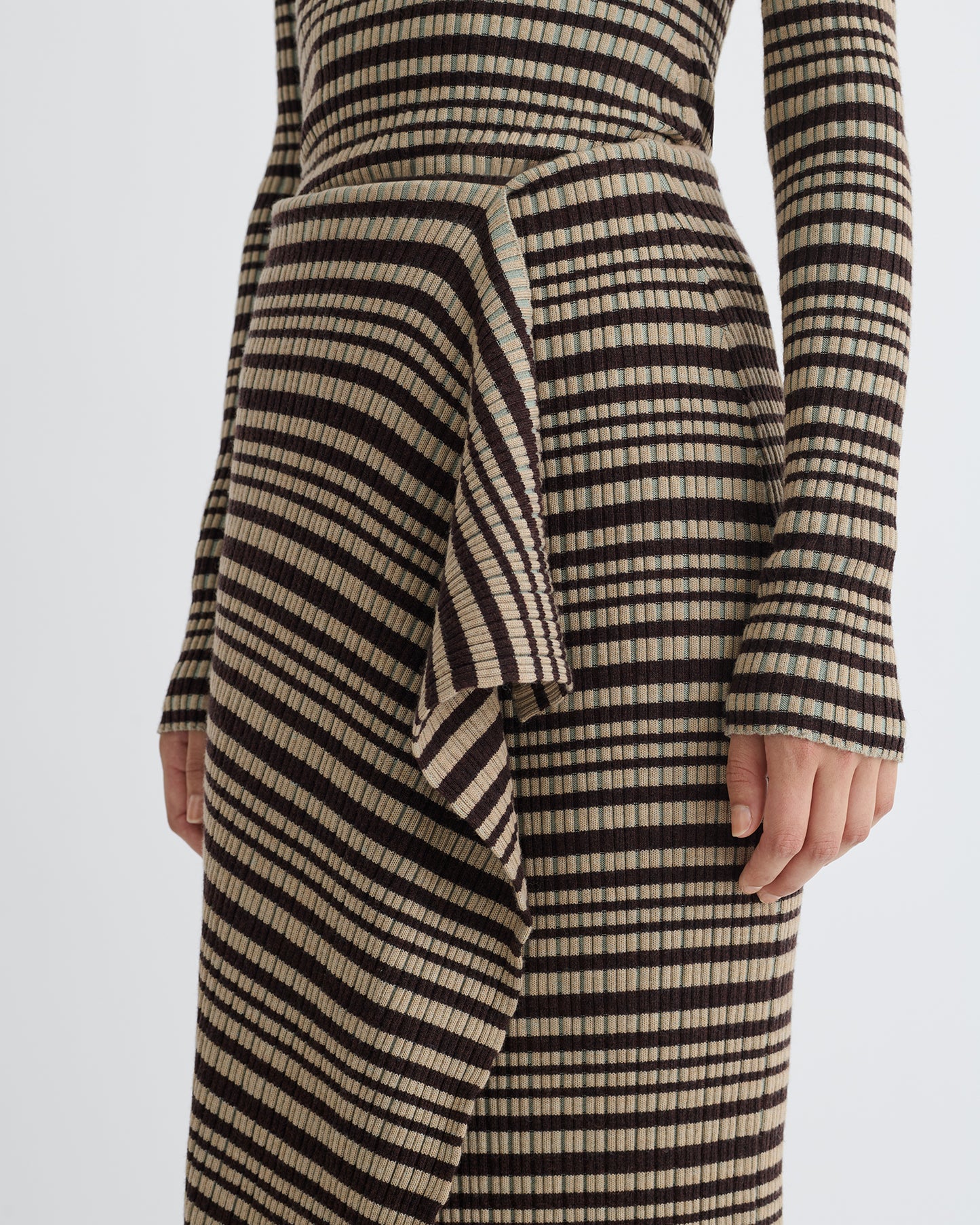Nitsa - Fine Merino Rib Mid-Length Skirt - Black/Brown/Green Stripe