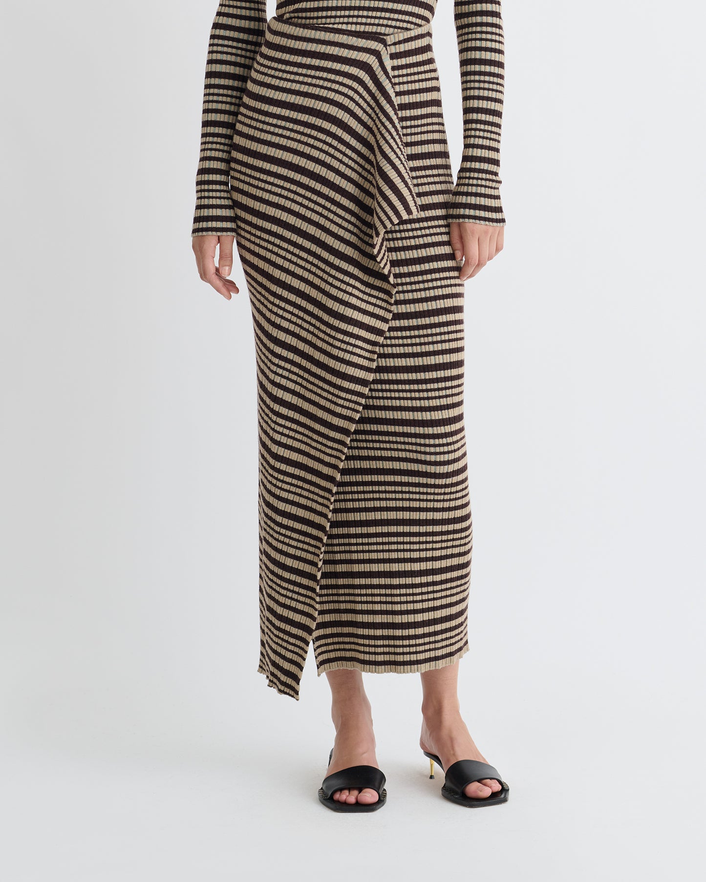 Nitsa - Fine Merino Rib Mid-Length Skirt - Black/Brown/Green Stripe
