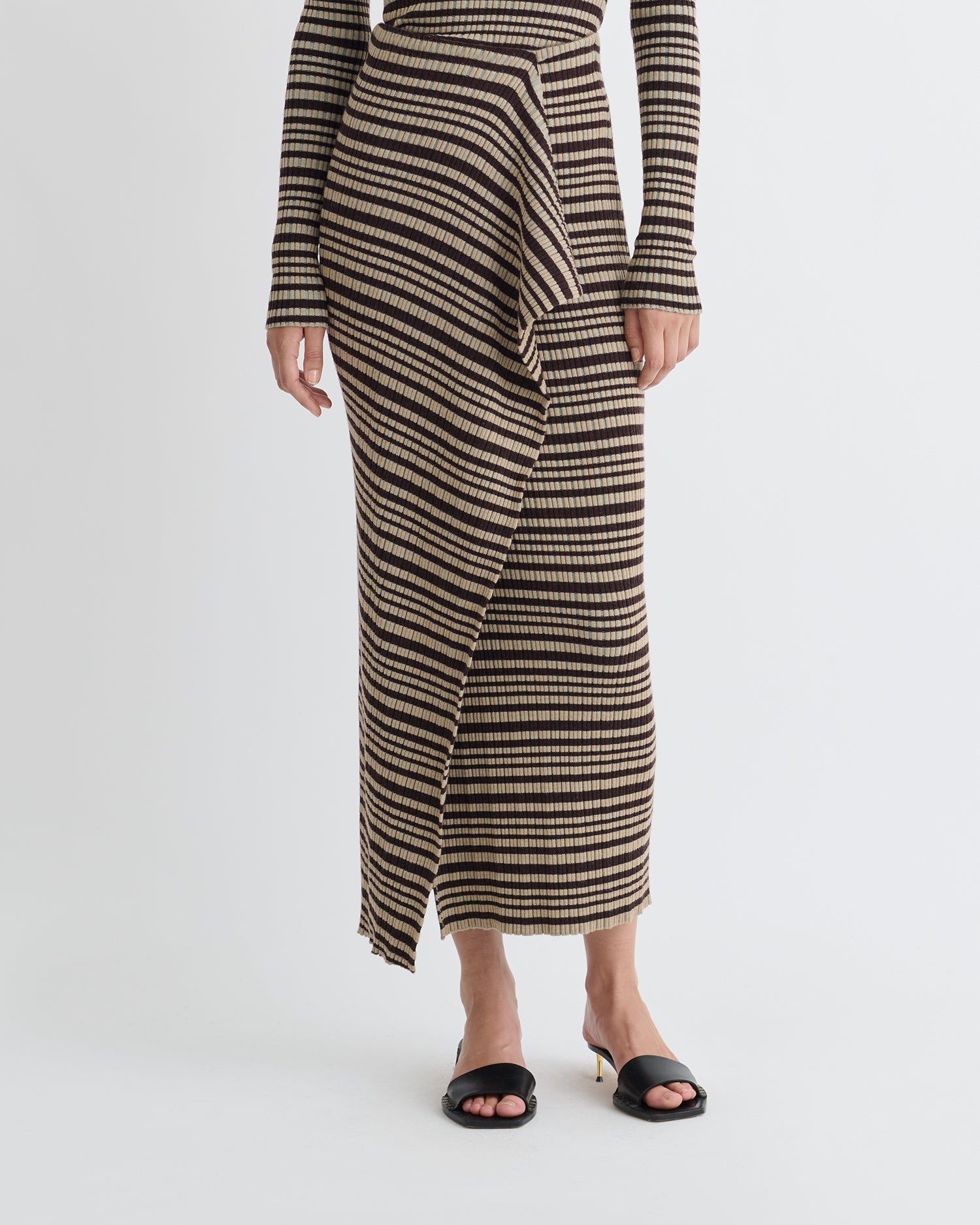 Nitsa - Fine Merino Rib Mid-Length Skirt - Black/Brown/Green Stripe