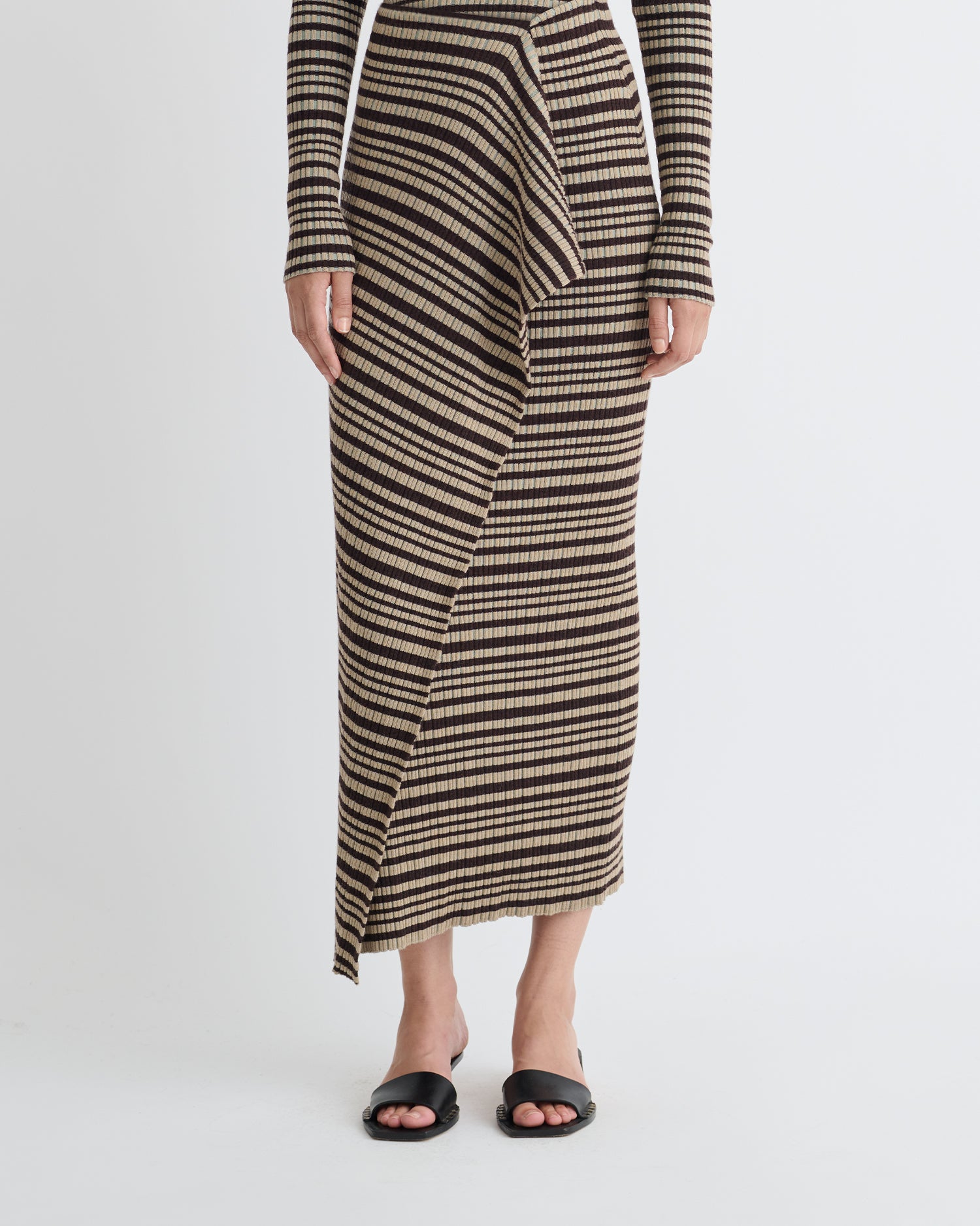 Nitsa - Fine Merino Rib Mid-Length Skirt - Black/Brown/Green Stripe
