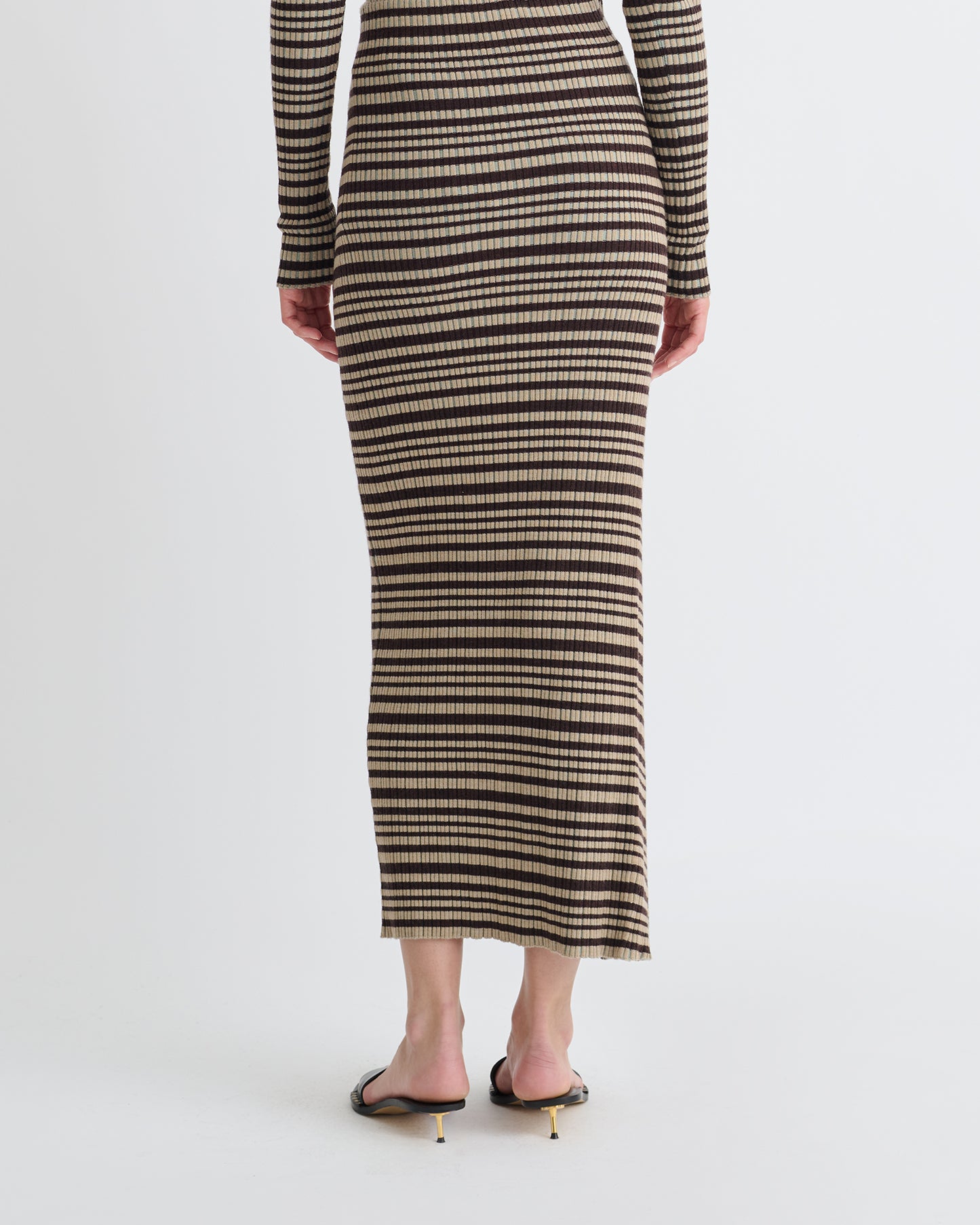 Nitsa - Fine Merino Rib Mid-Length Skirt - Black/Brown/Green Stripe