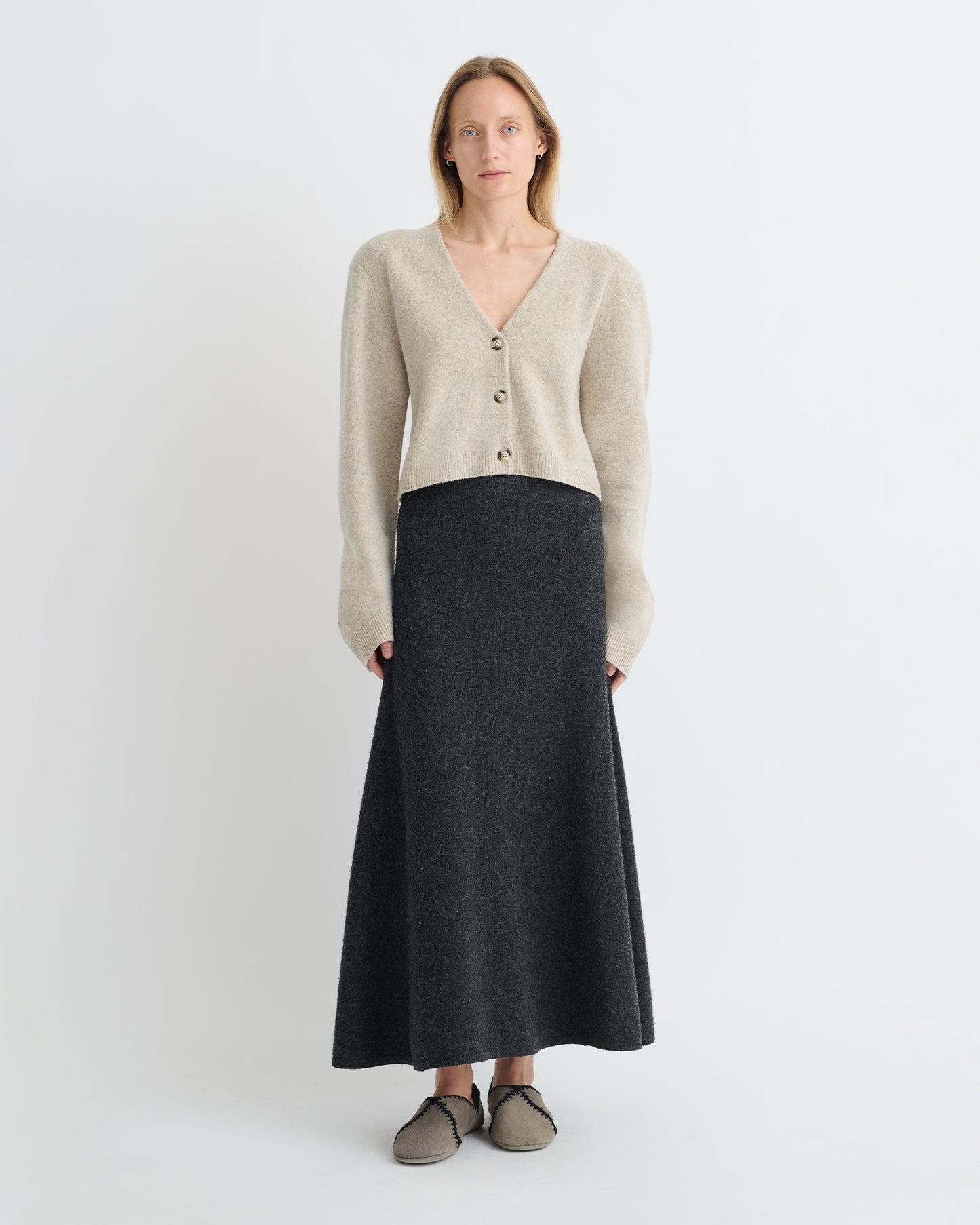 Priel - Overwashed Merino Mid-Length Skirt - Charcoal