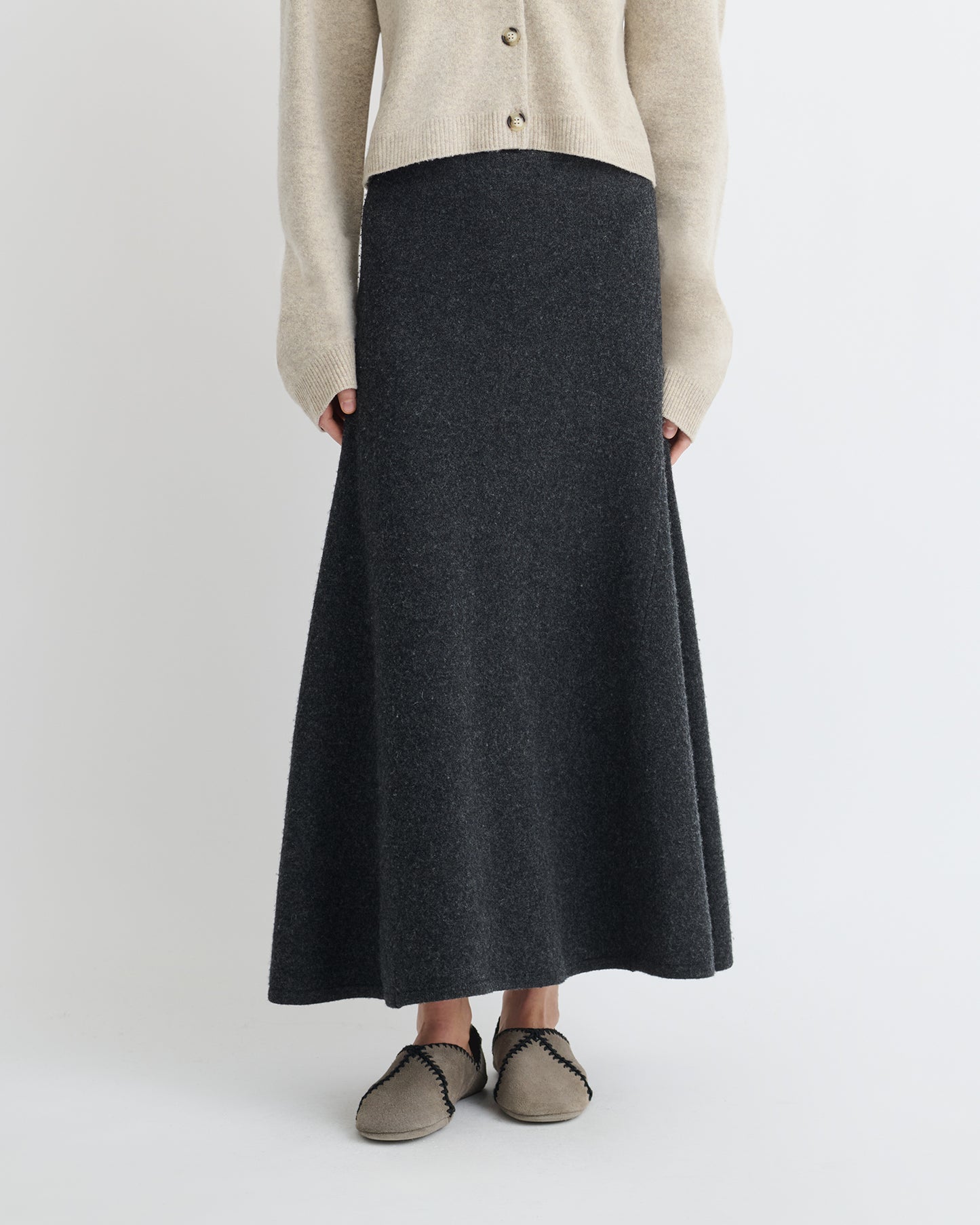 Priel - Overwashed Merino Mid-Length Skirt - Charcoal