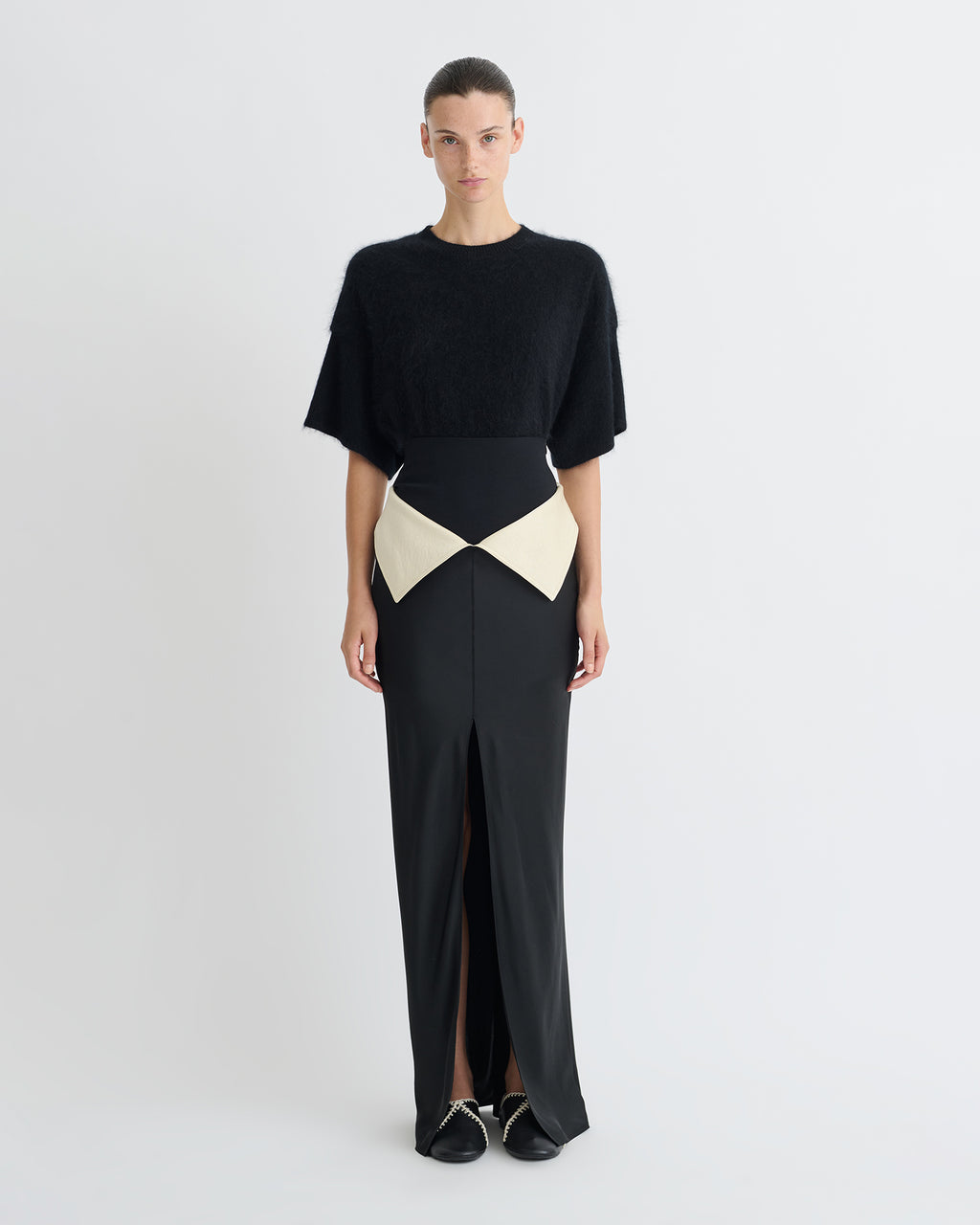 Mentari - Crisp Satin Long Skirt - Black/Ecru