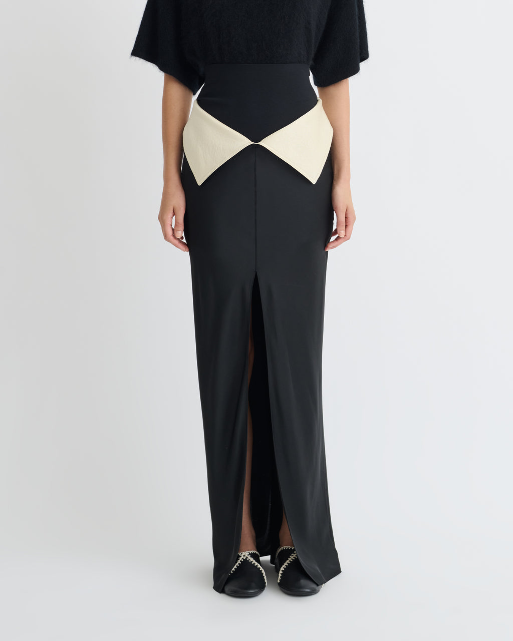 Mentari - Crisp Satin Long Skirt - Black/Ecru