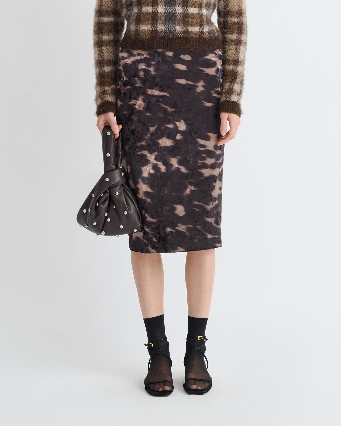 Carisa - Stretch Velvet Mid-Length Skirt - Midnight Mocha Brown