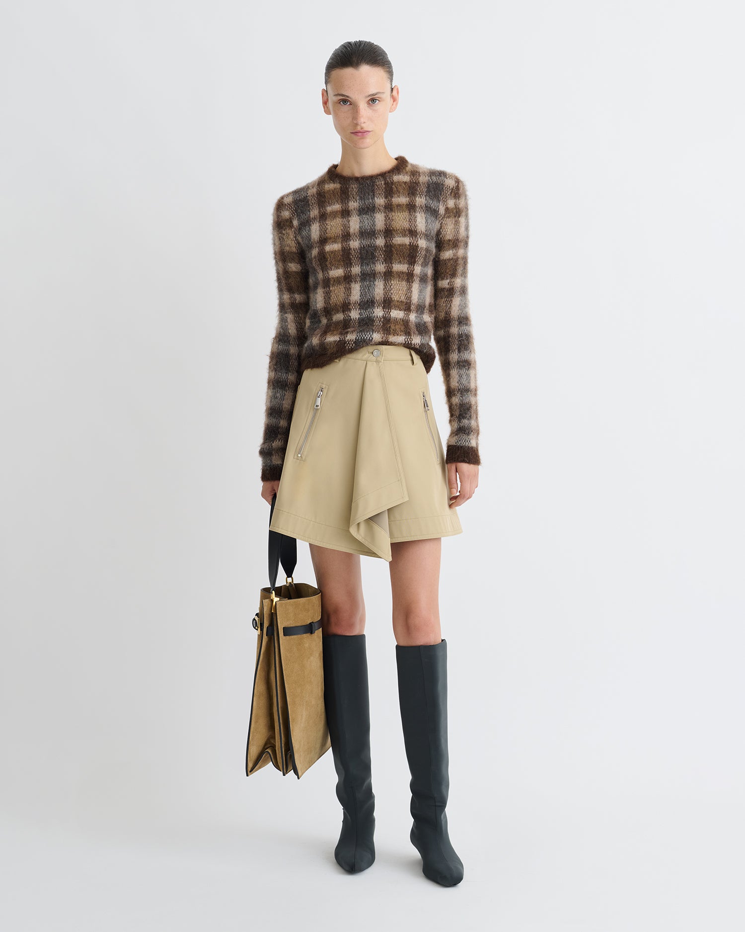 Farica - Brushed Alpaca Sweater - Brown/Creme Check