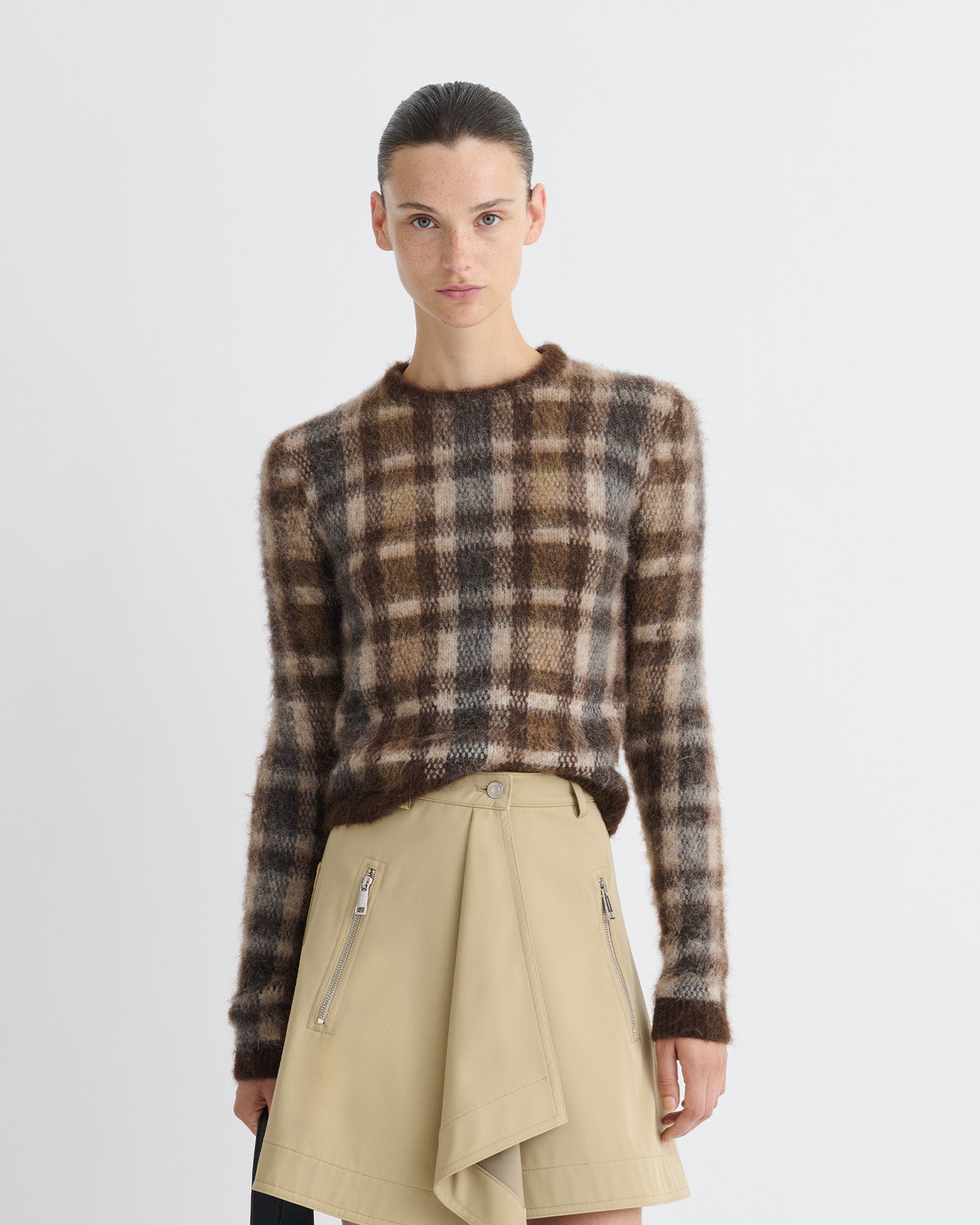 Farica - Brushed Alpaca Sweater - Brown/Creme Check – Nanushka